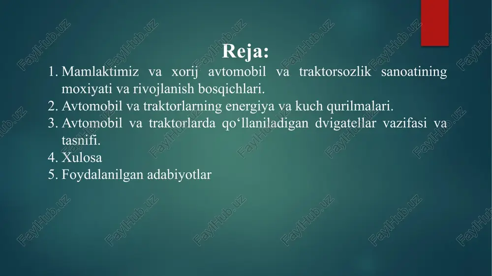 lgan. avtomobil tashkilotchilarining bug‘ aravasini rivojlantirish, takomillashtirish va uning ustida uzoq yillar mobaynida tinimsiz ish olib borishi natijasida birinchi bug‘ avtomobilini 1771 yilda fransuz xarbiy injeneri kyuno tomonidan yaratildi. ichki yonish dvigatelini takomillashtirish borasida ko‘pgina kashfiyotchilar ish olib bordilar. 1862 — 1877 yillar davomida otto bode roshaning fikridan foydalanib, o‘zini butun jahonga mashhur qilgan ichki yonuv dvigatelini yaratdi. bu dvigatel to‘rt taktli bo‘lib, avtomobilsozlikning rivojlanishi uchun poydebor yaratdi. amerikada birinchi bo‘lib 1892 yilda o‘zining birinchi avtomobilini yaratib va bunday arzon avtomobillarni ko‘plab ishlab chiqargan genri ford amerika avtomobilsozligiga poydevor qo‘ydi. keyinchalik bu yerda avtomobilsozlik yuqori darajaga ko‘tarildi. avtomobillarning birinchi avlodlari ot tortadigan aravalar shaklida ishlanib, unga oldingi g‘ildirakni aylantirish uchun bug‘ dvigateli o‘rnatilgan. avtomobil kashfiyotchilarning bug‘ dvigatelini rivojlantirish, takomillashtirish va uning ustida uzoq yillar moboynida tinimsiz ish olib borilishi natijasidir. bir necha yillar davomida bug‘ dvigateli asosida bir qancha o‘ziyurar avtomobillar yaratildi. birinchi mukammal harakatlanuvchi bug‘ avtomobilini 1769-yilda fransuz harbiy …