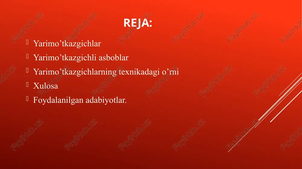 tirish mumkin (mas, 0,01% qoʻshilma kiritilganda ya. ning oʻtkazuvchanligi 10000 marta ortib ketadi). past temperaturalarda ya.ning solishtirma qarshiligi juda katta boʻladi va amalda ular izolyator hisoblanadi, lekin temperatura ortishi bilan ularda zaryad tashuvchilarning konsentratsiyasi keskin ortadi. mas, kremniyga biror element qoʻshganimizda 20° t.da erkin elektronlar konsentratsiyasi ~10៱17 m³ boʻlsa. 700° da 10៱24 m³ gacha, yaʼni million martadan koʻproq ortadi. ya.da elektronlar konsentratsiyasining t.ga bunday keskin bogʻlikligi oʻtkazuvchanlik elektronlari issiqlik harakati taʼsirida hosil boʻlishini koʻrsatadi. yarimoʻtkazgich kristallda atomlar valent elektronlari yordamida oʻzaro bogʻlangan. atomlarning issiqlik tebranishlari vaqtida issiqlik energiyasi valent elektronlar orasida notekis taqsimlanadi. ayrim elektronlar oʻz atomi bilan bogʻlanishni uzib, kristallda erkin koʻchib yurish imkonini beradigan yetarli miqdordagi issiqlik energiyasiga ega boʻlib qolishi va erkin elektronlarga aylanishi mumkin. tashqi elektr maydon boʻlmaganda bu erkin elektronlar tartibsiz harakat qiladi. elektr maydon taʼsirida esa maydonga qarshi yoʻnalishda tartiblangan harakatga kelib, ya.da tok hosil qiladi. erkin elektronlar yuzaga keltirgan oʻtkazuvchanlik elektron yoki n-tip …