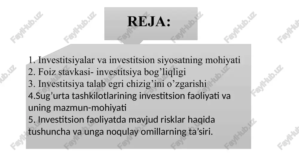 nnovatsiyalar, texnika va texnologiyalar soxasidagi ancha katta kashfiyotlar doimiy paydo bulib turmasligi; iktisodiyot tsiklli rivojlanish tamoyiliga ega bulishi; tadbirkorlar oladigan foyda doimiy barkaror emasligi; ruy berishi mumkin bulgan favkulotta xolatlar (siyosiy vaziyat, davlat iktisodiy siyosatidagi uzgarishlar va x.k.). investitsion resurslar bozorida muvozanatlik va foiz stavkasi hosil bo’lishi investitsion resurslar bozorida kapitalga talab sub’ekti tadbirkorlar, taklif sub’ekti esa uy xo’jaliklari hisoblanadi. mazkur bozorda tadbirkorlar “pulning sotib olish layoqati”ni qo’lga kiritadi, ya’ni pul yordamida talab qilinadigan kapital resurslar – uskunalar, material, energiya, ishchi kuchi ya’ni tovar ishlab chiqarish va xizmat ko’rsatish uchun zarur barcha vositalarni xarid qilish imkoniyatiga ega bo’ladi. qarz oluvchi uchun foiz normasi – xarajat sifatida chiqadi. u qanchalik past bo’lsa, mijozda qarz olish ishtiyoqi shunchalik yuqori bo’ladi. ssuda foizi – bu pul kapitali egasiga uning mablag’idan ma’lum vaqt davomida foydalanganligi uchun to’lanadigan resurs narxi. r yillik foiz normasi, % pul miqdori pul kapitali(kredit)taklifi pul kapitaliga (kreditga) talab d 1-rasm. …