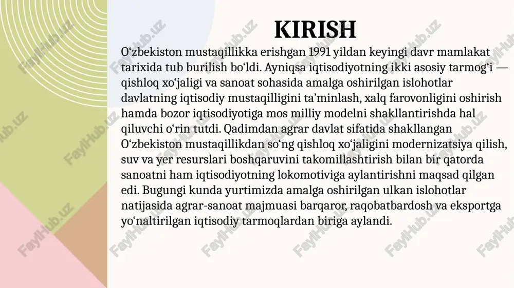 ilindi. bu esa yerning daromad keltiruvchi resurs sifatida qadrlanishiga, mehnat natijasiga mas’uliyatning oshishiga olib keldi. 2000-yillarga kelib agrar islohotlar yangi bosqichga ko‘tarildi. “fermer xo‘jaligi to‘g‘risida”gi qonunning qabul qilinishi, yer-suv munosabatlarining takomillashuvi natijasida fermer xo‘jaliklari qishloq xo‘jaligining asosiy bo‘g‘iniga aylandi. fermerlar paxta, g‘alla, bog‘dorchilik, uzumchilik, chorvachilik va parrandachilik kabi yo‘nalishlarda faoliyat yuritib, mamlakat oziq-ovqat xavfsizligini ta’minlashda hal qiluvchi o‘ringa ega bo‘ldi. fermer xo‘jaliklarining kuchayishi natijasida qishloq joylarda yangi ish o‘rinlari yaratildi, chorvachilik hajmi ortdi, qishloq aholisi daromadlari barqarorlashdi. jumladan, mustaqillikning dastlabki 20 yili davomida g‘alla yetishtirish bo‘yicha to‘liq o‘zini ta’minlashga erishildi, bog‘dorchilik va sabzavotchilik bo‘yicha o‘zbekiston dunyo bozorida raqobatbardosh eksportchi davlatlar qatoriga kirdi. paxta o‘zbekiston iqtisodiyotining “oq oltin” deb atalgan asosiy eksport mahsuloti bo‘lib kelgan. ammo paxta yetishtirishning haddan tashqari ko‘pligi boshqa ekinlarning rivojiga imkon bermas edi. shuning uchun mustaqillikdan keyingi yillarda bosqichma-bosqich diversifikatsiya siyosati amalga oshirildi. 2016 yildan boshlab paxta maydonlari keskin qisqartirildi, uning o‘rniga bog‘dorchilik, sabzavotchilik, yem-xashak ekinlari ekila …