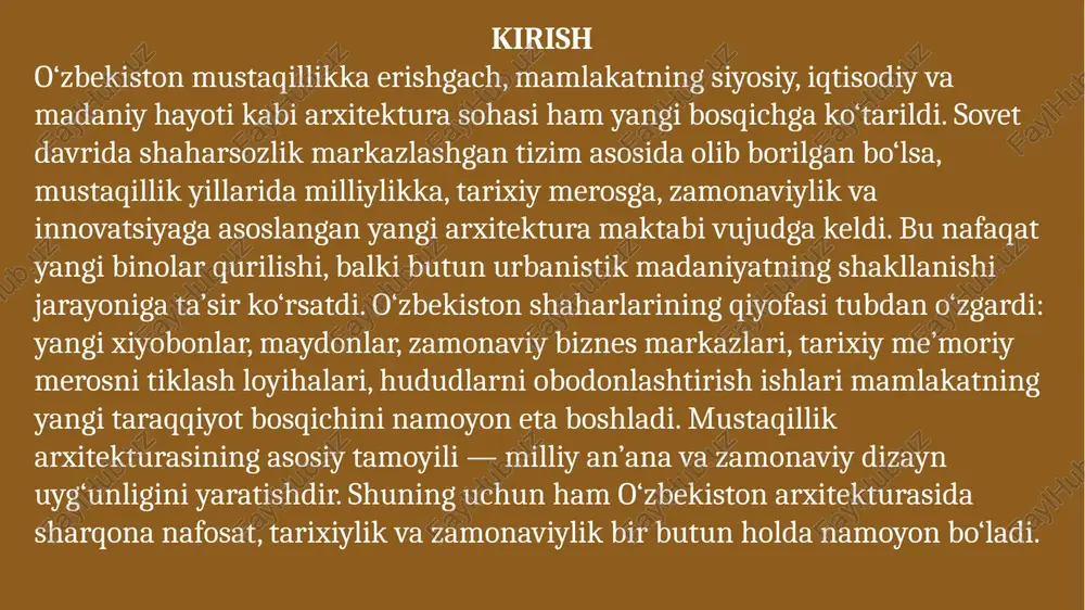 katsiyalarni inshootlarga uyg‘unlashtirish kabi mezonlar ustuvor bo‘ldi. shaharlar bir-biriga o‘ziga xos arxitektura yechimlari bilan farqlana boshladi. toshkent — zamonaviy megapolis, samarqand — tarixiy meros markazi, buxoro — sharqona an’anaviy shahar, namangan va andijon — yangi uy-joy massivlari rivojlangan hudud sifatida namoyon bo‘ldi. o‘zbekiston me’morchiligi mustaqillik yillarida milliy an’analarning qayta tiklanishi va zamonaviy texnologiyalar bilan uyg‘unlashuviga alohida e’tibor qaratdi. masalan, binolarda ganch o‘ymakorligi, milliy naqsh, islimiy bezak, ranglar uyg‘unligi saqlanadi. shu bilan birga, shisha konstruksiyalar, metall karkas, energiya tejamkor materiallar keng qo‘llanilmoqda. bu yondashuv o‘zbekiston arxitekturasiga o‘ziga xos badiiy obraz va milliy ruh bag‘ishlaydi. toshkent mustaqillik yillarida markaziy osiyodagi eng zamonaviy shaharlardan biriga aylandi. poytaxtda yangi ko‘priklar, yo‘l denovlari, ma’muriy binolar, istirohat bog‘lari, xiyobonlar, zamonaviy turar-joy majmualari barpo etildi. “humo arena”, “tashkent city”, “yangi o‘zbekiston bog‘i”, “milliy tiklanish” markazi kabi obyektlar toshkentning yangi arxitektura qiyofasini shakllantirdi. shahar zamonaviy biznes markazlari, kongress zallari, mehmonxonalar bilan boyidi. samarqand va buxoro — o‘zbekistonning tarixiy …
