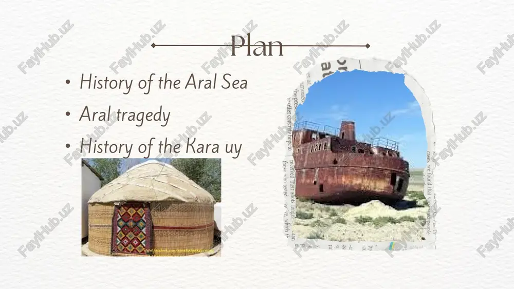 roy an entire ecosystem.if we work together, we can heal our planet and make sure that tragedies like the aral sea never happen again.thank you for listening. kara uy today, i am going to talk about something very special and traditional — the karakalpak kara uy, which means the karakalpak yurt or black tent.it is not just a house — it is a symbol of our culture, history, and way of life.for many centuries, the kara uy has been the heart of karakalpak families, showing the wisdom and skills of our ancestors. kara uy the kara uy is a round, portable house made from wood, reeds, and felt.it is carefully designed to protect people from the hot summers and cold winters of the steppe.the wooden frame is called “kerege”, the roof is made of “uuk” (wooden poles), and the top circle is known as “shanyraq” — the most important part …