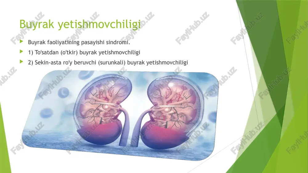 shinuvi rostlanadi surunkali buyrak yetishmovchiligi davosi parhez dori-darmonlar qoʻllaniladi gemodializ oʻtkaziladi. kechiktirilgan hollarda buyrak koʻchirib oʻtkaziladi (transplantatsiya). o'tkir psixomotor bezovtalik holati. hozirgi zamon urushi sharoitida harbiylar jarohat olishi qattiq qo'rqish oqibatida va zaharlovchi moddalar (psixomimiklar) ta'siri ostida o'tkir psixomotor bezovtalik holatiga tushadi. kasallik belgilari bemorlar, o'zini bilgan holda qachon va qaerda bo'lganliklarini adashtiradilar. esi kirib-chiqib turadi. ko'ruv va eshitish gallyutsinatsiyalari asosiy o'rin tutib, bunda bemor ko'ziga ko'rinayotgan voqealarni tomosha qilib qolmay, o'zi ham ishtirok etishga intiladi. ko'zga ko'rinayotgan voqealar ba'zan quvonchli bo'lsa, ko'p hollarda bemor holati uchun tahdidli bo'ladi. es kirib chiqib, ko'zga har xil narsalar kurinib turgan bir paytda bemor o'ta harakatchan bo'lib ketadi. jaroxat olish oqibatida miya lat eb kelib chiqadigan bu holat 3-5 soat davom etishi mumkin. davolash printsiplari. tinchlantiruvchi terapiya. og'riqsizlantiruvchi terapiya. yurakni kuvvatlovchi terapiya. utkir psixomotor kuzgalish: 1. xar xil ogrikli xolatlarda 2. xar xil etiologiyali psixozlarda 3. bosh miya kon aylanishi buzilishida (subaraxnoidal kon …