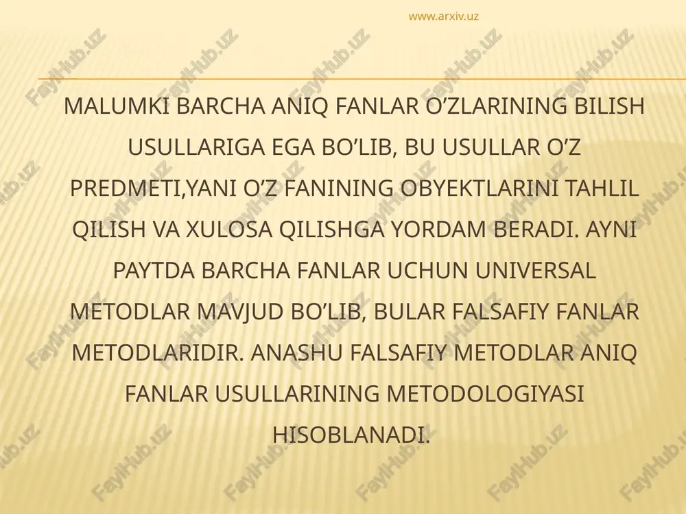 .uz metod va metodologiyaninig o’ziga xos xususiyatlari bor. metodologiya sifatida fanlar tarixida fanlar uchun metafizika, dialektika, sofistika, eklektika, endilikda esa sinergetika foydalanilgan va foydalanilmoqda. metodologiyaning turlari: 1) falsafiy. 2) umumilmiy. 3) maxsus ilmiy. www.arxiv.uz falsafa fanning kategoriya va qonunlarining ilmiy bilish jarayonlarining barcha sohalarini o’zida mujassamlashtiradi. chunki ular barcha sohalarga tegishlidir. falsafa www.arxiv.uz umum ilmiy metodologiya deyilganda, bir necha fanlarga tegishli bo’lgan metodlar tushuniladi. ulardan bir necha fanda foydalaniladi va obyekt haqidagi haqiqatga erishiladi. masalan, analiz va sintez,tajriba metodlari umum ilmiy metodologiya turlaridir. bu metodlardan fanlararo tadqiqotlarda foydalaniladi. umum ilmiy metodologiya www.arxiv.uz maxsus ilmiy metodologiya bu alohida fanlar obyektlarini bilishda foydalaniladigan metodlardir. yani bir fan doirasida xizmat qiladigan metodlardir. maxsus ilmiy metodologiya etiboringiz uchun rahmat! www.arxiv.uz /docprops/thumbnail.jpeg