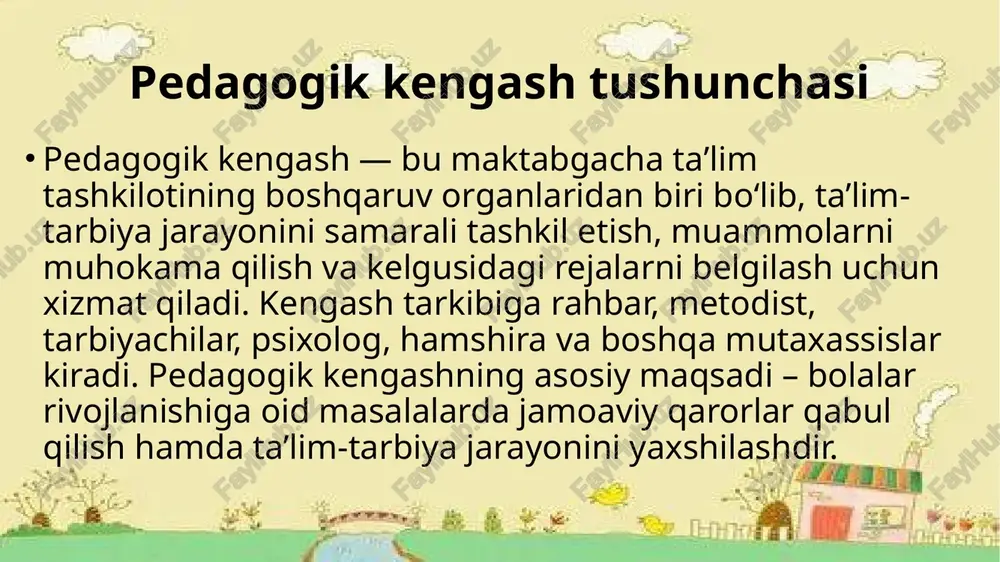 faoliyatining yo‘nalishlari pedagogik kengash faoliyati ta’lim sifati, tarbiyaviy ishlar, bolalarning sog‘lom rivojlanishi, metodik ishlar va innovatsion faoliyat yo‘nalishlariga qaratilgan bo‘ladi. har bir yo‘nalish bo‘yicha alohida mas’ul shaxslar tayinlanadi. kengashning faol ishlashi muassasaning rivojlanish strategiyasini to‘g‘ri belgilashga yordam beradi. pedagogik kengash majlislari pedagogik kengash majlislari odatda chorakda bir marta yoki zarurat tug‘ilganda chaqiriladi. majlisda kun tartibi belgilanadi, mas’ul shaxslar hisobot beradi, tahlillar keltiriladi va qarorlar muhokama qilinadi. qarorlar ochiq ovoz berish yo‘li bilan qabul qilinadi va bayonnomada qayd etiladi. bayonnoma muassasaning rasmiy hujjatlar to‘plamiga kiritiladi. pedagogik kengash qarorlarining ahamiyati kengashda qabul qilingan qarorlar maktabgacha ta’lim tashkiloti faoliyatini rivojlantirishda muhim ahamiyat kasb etadi. ular asosida yangi o‘quv-metodik dasturlar joriy etiladi, tarbiyachilar uchun treninglar tashkil etiladi, bolalar sog‘lig‘ini mustahkamlash bo‘yicha chora-tadbirlar belgilanadi. kengash qarorlari barcha xodimlar uchun majburiy hisoblanadi. pedagogik kengashda muhokama qilinadigan masalalar kengashda bolalarning rivojlanish natijalari, ta’lim dasturlarining samaradorligi, tarbiyachilarning faoliyati, ota-onalar bilan ishlash, sanitariya-gigiyena sharoitlari, bolalar xavfsizligi va metodik yangiliklar …