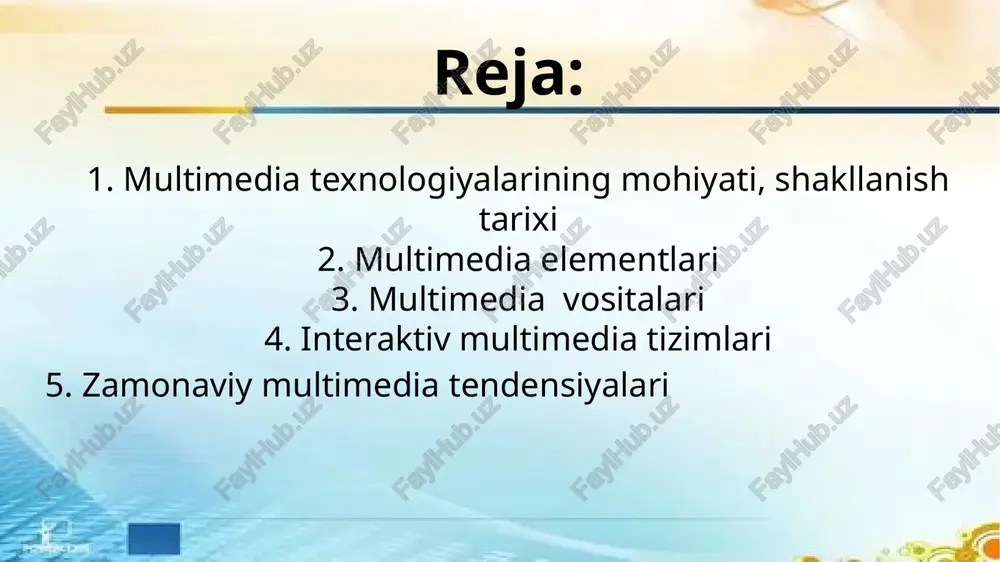 namoyish etadi. animatsiya esa murakkab g‘oyalarni soddalashtirib tushuntirishda yordam beradi. ushbu elementlar o‘zaro uyg‘unlashgan holda foydalanuvchining diqqatini tortuvchi interaktiv muhit yaratadi. yaxshi multimedia loyihasi ana shu elementlar o‘rtasidagi balans va uyg‘unlikni ta’minlaydi. 3 multimedia dasturiy vositalari multimedia loyihalarini yaratishda turli dasturiy vositalar qo‘llaniladi. masalan, adobe photoshop – grafik dizayn uchun, premiere pro va after effects – video va animatsiya uchun, audition – tovush tahriri uchun ishlatiladi. canva, capcut va filmora kabi dasturlar esa yangi boshlovchilar uchun qulay interfeysga ega. shuningdek, unity va unreal engine platformalari yordamida 3d multimedia loyihalari, o‘yinlar va vr tajribalar ishlab chiqiladi. dasturiy vositalarning xilma-xilligi multimedia ishlab chiqaruvchilarga kreativ imkoniyatlarni keng ochib beradi. 4 multimedia va ta’lim tizimi bugungi ta’limda multimedia texnologiyalari muhim o‘rin egallaydi. interaktiv darsliklar, elektron o‘quv kurslari, video darslar va simulyatsiyalar o‘quvchilarning bilim olish jarayonini qiziqarli va samarali qiladi. multimedia vositalari murakkab mavzularni vizual tarzda tushuntirish, tajriba va modellarni virtual shaklda ko‘rsatish imkonini beradi. …