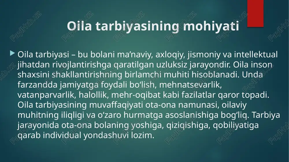 arzda amalga oshadi va kundalik hayotdagi xatti-harakatlar orqali mustahkamlanadi. rag‘batlantirish va jazolash metodlari rag‘batlantirish bolaning ijobiy xulqini mustahkamlashda muhim o‘rin tutadi. maqtov, minnatdorchilik, sovg‘a berish, mehr bilan e’tirof etish – bular bolaning o‘ziga ishonchini oshiradi. jazolash esa faqat nojo‘ya harakatlarda tarbiyaviy maqsadda qo‘llanilishi lozim. jazolash hech qachon qo‘pol so‘z yoki jismoniy tazyiqqa aylanmasligi kerak. maqsad bolaning xatoni anglashini ta’minlash, emas balki uni ruhiy ezish emas. mashq va odatlantirish metodi bu metod orqali bolalarda mehnatsevarlik, tartiblilik, saranjomlik, vaqtni to‘g‘ri taqsimlash kabi odatlar shakllantiriladi. masalan, ertalabki gigiyena, dars tayyorlash, kitob o‘qish, ota-onaga yordam berish kabi mashqlar muntazam takrorlanib borilishi kerak. takrorlanish natijasida bu xatti-harakatlar bolaning kundalik hayot tarziga aylanadi. bu metod bolaning mustaqil va mas’uliyatli shaxs bo‘lib ulg‘ayishiga zamin yaratadi. suhbat va muloqot metodi suhbat – oila tarbiyasining eng tabiiy shakli bo‘lib, ota-ona bilan farzand o‘rtasidagi o‘zaro ishonchli muloqotni mustahkamlaydi. suhbat jarayonida bola o‘z fikrini erkin bildiradi, savollar beradi, tushunmagan narsalarini aniqlashtiradi. …