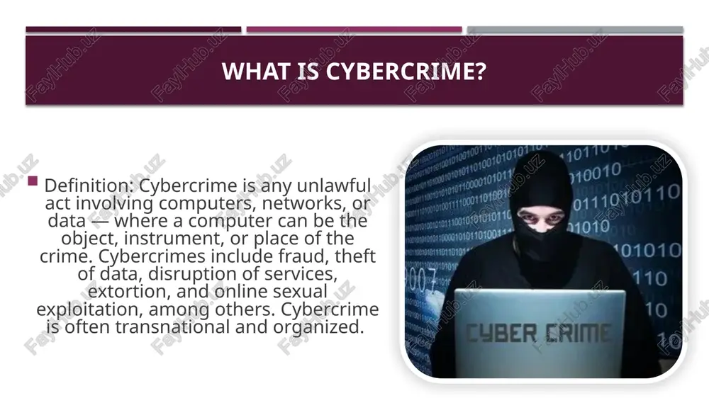 ip addresses. 3. work together – countries share data and track hackers worldwide. 4. arrest – once found, hackers can face court and jail. ethical hackers not all hackers are bad! ethical hackers (or “white-hat hackers”) help find problems in systems and tell companies before criminals do. they follow rules and ask for permission before testing. some companies pay them through bug bounty programs. why cybercrime matters cybercrime can steal personal data, money, and trust. it can stop hospitals, schools, or governments from working. everyone must learn how to protect themselves and use technology safely. cybercrime is a serious problem today. hackers use many tricks to break the law, but with good habits, strong laws, and teamwork, we can fight cybercrime. stay smart, stay safe, and protect your digital life. image1.jpeg image2.jpeg image3.jpeg image4.jpeg image5.jpeg image6.jpeg /docprops/thumbnail.jpeg