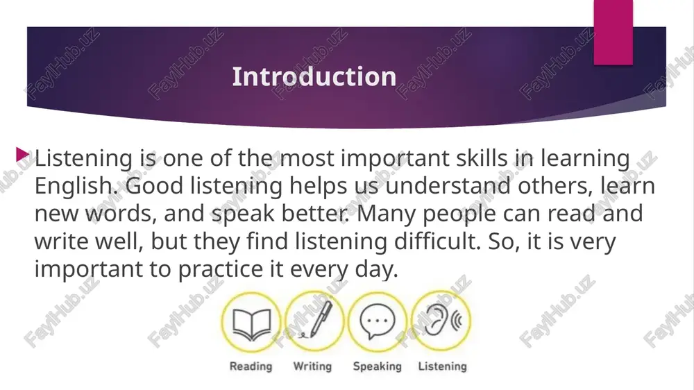 exercises. f. listen to native speakers try to talk or listen to native speakers. you can join online speaking clubs or listen to interviews to hear real-life english. g. be patient and stay positive improving listening takes time. don’t worry if you don’t understand everything at first. keep practicing and your skills will grow. conclusion listening is the key to understanding and communication. the more we listen, the better we speak and learn. make listening a daily habit, and soon you will see big improvement in your english. image1.jpeg image2.jpeg image3.jpeg image4.jpeg image5.jpeg image6.jpeg /docprops/thumbnail.jpeg