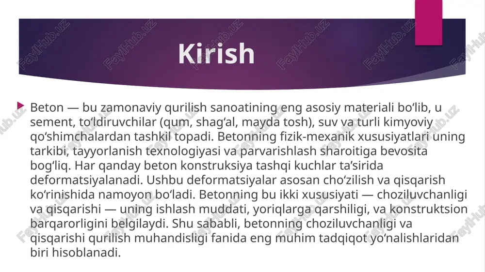 adi. qo‘shimchalar: plastifikatorlar yoki mikroarmaturalash (masalan, polipropilen tolalar) betonning choziluvchanligini oshiradi. cho‘zilish jarayonining fizik mohiyati beton cho‘zilishga duchor bo‘lganida, uning ichki tuzilmasida avval elastik deformatsiya sodir bo‘ladi. bu bosqichda beton kuch yo‘qolganda asl holatiga qaytadi. keyin esa mikro yoriqlar paydo bo‘la boshlaydi. ular sement toshi bilan to‘ldiruvchilar orasidagi chegaralarda shakllanadi. kuch ortishi bilan bu yoriqlar kengayib, butun struktura bo‘ylab tarqaladi. yakunida beton uziladi — bu bosqichda materialning cho‘zilish chegarasi tugaydi. shunday qilib, betonning choziluvchanligi uning mikrostruktura mustahkamligiga bevosita bog‘liq. cho‘zilish deformatsiyasini o‘lchash cho‘zilish deformatsiyasi nisbiy uzunlik o‘zgarishi orqali aniqlanadi. betonda qisqarish hodisasi qisqarish — bu betonning hajmi yoki o‘lchamining kamayishi natijasida yuzaga keladigan deformatsiyadir. u asosan betonning qotish jarayonida yoki undan keyingi qurish bosqichida sodir bo‘ladi. qisqarish natijasida beton konstruksiyalarda ichki zo‘riqishlar paydo bo‘ladi va ular yoriqlarga olib kelishi mumkin. shuning uchun qisqarish betonning eng xavfli deformatsiyalaridan biri hisoblanadi. qisqarishning asosiy sabablari betonning qisqarishiga bir nechta sabablar mavjud: suvning bug‘lanishi …