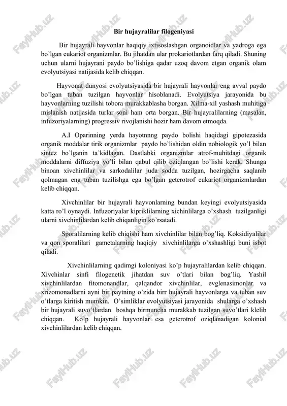 atdan suv o’tlari bilan bog’liq. yashil xivchinlilardan fitomonandlar, qalqandor xivchinlilar, evglenasimonlar va xrizomonadlarni ayni bir paytning o’zida birr hujayrali hayvonlarga va tuban suv o’tlarga kiritish mumkin. o’simliklar evolyutsiyasi jarayonida shularga o’xshash bir hujayrali suvo’tlardan boshqa birmuncha murakkab tuzilgan suvo’tlari klelib chiqqan. ko’p hujayrali hayvonlar esa geterotrof oziqlanadigan kolonial xivchinlilardan kelib chiqqan. g‘ovaktanlilar filogeniyasi. g‘ovaktanlilar - juda qadimgi orga- nizmlar. ulaming qazilma qoldiqlarikembriy vaproterozoy jinslari tarki- bida uchraydi. g‘ovaktanlilar tuzilishinnng ko'pgina xususiyatlari, ya’ni to‘qima va organlarini ixtisoslashmaganligi, ulami juda sodda tuzilgan- ligidan darak beradi. g‘ovaktanlilaming parenximula lichinkasi mechnikov ko'rsatib o‘tgan i jtsitellagajuda o‘xshash bo'ladi. fagotsitellani o‘troq yashashga o‘tishi tufayli g'ovaktanlilar paydo bo‘lgan deyish mumkin. lekin g‘ovaktanlilar embrion yaproqlarining teskari ag‘darilishi tufayli, ulaming tashqi qavatidagi xivchinli hujayralari botib kirib, ichki yoqachali xivcliinli qavat - xoan- otsitlami, ichki hujayralar esa tashqi dermal qavatni hosil qiladi. bu dalil- lar g‘ovaktanlilar hayvonot olami evolyutsiyasining dastlabki bosqichida, ya’ ni embrion varaqlari shakllanishining boshlang ‘ich davrlarida hay …