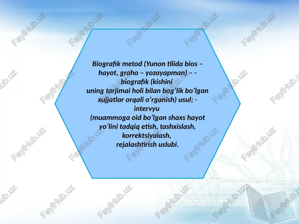 fik metod sinaluvchi ichki ruxiy dunyosini tushunish turli xayotiy vaziyatlardagi xulqiy koʼrinishlarni shakllantirish imkonini beradi.biografik tahlilning o'ziga xosligi uning shaxs, guruh (masalan, oila), tashkilot hayoti aspektlarini sub'ektiv talqin qilishga qaratilganligi hisoblanadi voqea-hodisalarni og'zaki yoki hujjatli tasvirlashda rivoyat qiluvchining o'zi nuqtai nazaridan hayotiy voqea sub'ekti ushbu voqealarni boshdan kechirishi, izohlashi va belgilashi shaklida bo'ladi. psixologiyadagi biografik yondashuv (inglizcha biografik yondashuv, hayot tarixi) - sotsiologik nominalizm va sotsiologik konstruktivizm paradigmalariga asoslangan sotsiologiyada sifatli tadqiqot usullaridan biri ular hayot tarixini, aytilgan yoki bildirilgan hayotning guvohliklarini, o'sha hayotni o'tkazganlar nuqtai nazaridan o'lchash va baholash usullari. u ma'lumot to'plash, xatlar, suhbatlar, kundaliklar, kuzatuv protokollari va uni tahlil qilish usullaridan iborat. biografik metodning mohiyati ma'lum bir shaxs qanday mexanizmlar va hodisalar tug'ilishi va kelajakda o'z taqdirini qanday shakllantirish natijasida, savolning javobida yotadi. biografik metodning psixologiyadagi afzalligi ma'lum xususiyatlar, elementlar to'plami emas, balki ajralmas shaxsni o'rganishning ajralmas imkoniyatidir. “biograf uchun shaxsiyat yaxlit, yaxlitdir. har qanday o'ziga xos …