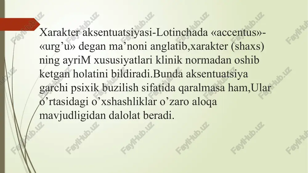 rni to’ldirilmaydi. yopiq aksentuatsiya-normaning odatiy holatda namoyon bo’lishi.xarakterning aksentuatsiyalangan jihatlari psixik jarohatlar sabab namoyon bo’lishi mumkin,ammo u sotsial dezadaptatsiyaga olib kelmaydi. xarakter aksentuatsiyasi tiplari xarakter aksentuatsiyasi bo’yicha izlanishlar natijasida uning bir nechta tiplari farqlangan va o'rganilgan.ilk aksentuatsiyaga oid tipologiyani 1968-yilda karl leongard yaratgan bo’lib,u ,asosan ,12 xil tipdan iborat bo’lgan. affektiv-labil •qoloq affektiv-ekzaltirlangan •introvert qo’zg’aluvchan •xavotirli demonstrativ •ekstravert distim •emotiv pedantik •gipertim xarakter aksentuatsiyasi tipologiyasi 1977-yilda a.y.lichko ham o’z aksentuatsiya tipologiyasini ishlab chiqqan,ammo uning tipologiyasi o’ziga xos bo’lib,faqatgina o'smirlar uchun ishlab chiqilgan edi: epileptik •psixoastenik isterik •konform gipertim •psixonevrotik sikloid •beqaror shizoid •sensitiv xarakter aksentuatsiyasi tipologiyasi karl leongard bo’yicha aksentuatsiya tiplariga quyidagicha ta’riflar berish mumkin: gipertim- faoliyatga va tajribaga intilish, nekbinlik, omadga e'tibor berish; distim - axloqiy jihatlarni, his-tuyg'ularni va qo'rquvni ta'kidlaydigan ichki holat, muvaffaqiyatsizlikka e'tibor berish; affektiv-labil (kuchli ifodalanganda "siklotimik") – gipertim va distim holatlarning davriy o'zgarishi; affektiv-ekzaltir - ilhom, his-tuyg'ularning kuchli ekanligi xavotirli - qo'rqoqlik,, kamtarlik emotiv - …