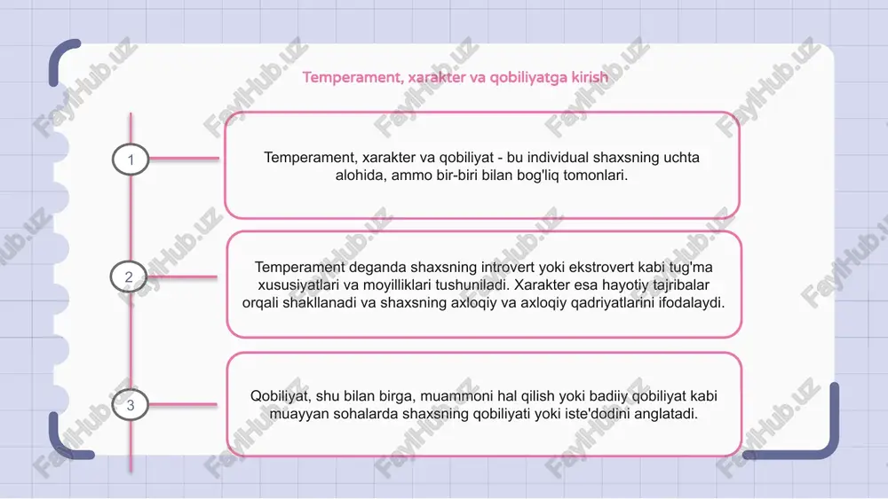 yatimizning asosidir va boshqalar bilan qanday munosabatda bo'lishimizga ta'sir qiladi. xarakter esa bizning qarorlarimiz va harakatlarimizni shakllantiradigan axloqiy va axloqiy fazilatlarni anglatadi. bu bizning qadriyatlarimiz va e'tiqodlarimizni aks ettiradi, bu bizning munosabatlarimizga sezilarli ta'sir ko'rsatishi mumkin. qobiliyat, bu kontekstda bizning mahoratimiz va iste'dodlarimizni anglatadi. bu biz qila oladigan va erisha oladigan narsadir va u boshqalar bilan qanday munosabatda bo'lishimiz uchun ham rol o'ynaydi. xarakterni rivojlantirish orqali chidamlilikni shakllantirish temperament, xarakter va qobiliyat xarakterni rivojlantirish orqali chidamlilikni shakllantirishning muhim omillaridir. temperament deganda shaxsning introvert yoki ekstrovert kabi tabiiy tendentsiyalari va xususiyatlarini bildiradi. xarakter esa tajribalar, qadriyatlar va harakatlar orqali shakllanadi va vaqt o'tishi bilan rivojlanishi va mustahkamlanishi mumkin. 1 2 3 inson salohiyatini ochish: qobiliyatlar kuchi temperament, xarakter va qobiliyat inson salohiyatini ochishga yordam beradigan asosiy elementlardir. ushbu uch omilning kombinatsiyasi yangi imkoniyatlarni ochish va katta yutuqlarga erishish qudratiga ega. ushbu qobiliyatlarni tushunish va ulardan foydalanish shaxsiy va professional o'sishga olib …