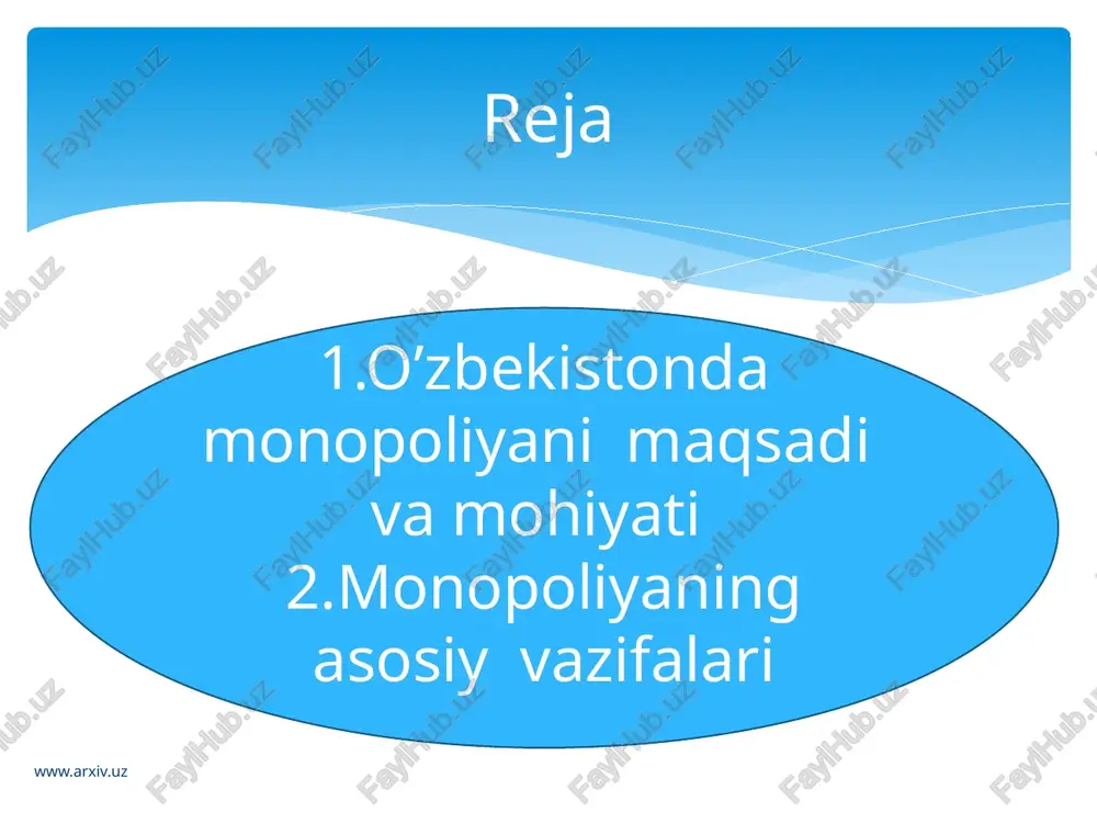 . monopoliyaga qarshi tartibga solishning prinsipial yangi ko4rinishi bo'lib, u mavjud va saqlanib qolgan rnonopolistlar tomonidan bozorda hukmronlik mavqyeini watte'mol qiltshning oldini olish va unga barham berishni fa^zria ansa, ikkinchidan, cng asosiy muhim nmialalardan yetkazgan zararni qoplashlari, jarima toiashlari, g'irromlik man olgan foydadan mahrum etilishlari shart. www.arxiv.uz monopol mavqyeidagi korxonalar mahsulotlariga narxlarning eng yuqori darajasini yoki rentabeilikning 4erapasini beigilab qo'yish. o'z monopol mavqyeini suiiste'mol qilgan monopolistik birlashmalarni bo'lib tashlash yoki maydalashtirish. bu usul vazirlar mahkamasining 1994 yil 18 iyuldagi 366-sonli qarori bilan tasdiqlangan «obyektlarning xo'jalik yurituvchi jamiyatlar va shirkatlar tarkibidan chiqish tartibi to'g'risidagi» nizom asosida amalga oshiriladi. o'zbekiston respublikasining ♦iste'molchilarning huquqlarini himoya qilish to'g'risida» monopol mavtiyciuagi iwiauiuihh iiiaiiauiuiiarlga narxlarning eng yuqori darajasini yoki rentabellikning qerapasini belgjlab qo'yish. www.arxiv.uz o'z monopol mavqyeini suiiste'mol qilgan monopolistik birlashmalarni bo'lib tashlash yoki maydalashtirish. bu usul vaziriar mahkamasining 1994 yil 18 iyuldagi 366-sonli qarori bilan tasdiqlangan «obyektlarning xo'jalik yurituvchi jamiyatlar va shirkatlar tarkibidan chiqish taitibi …