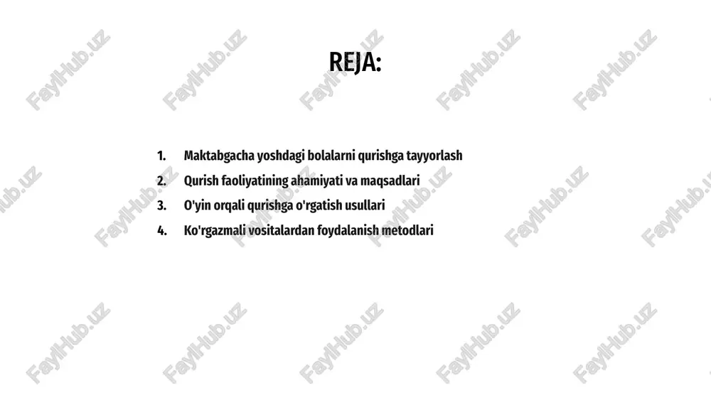 o‘ladi. 01 ko'rgazmali vositalar bolalarning tasavvurini oshiradi, shakl va ranglarni tushunishga yordam beradi. bu esa qurish darslarini samaraliroq qilishi mumkin. 02 slaydlar, maketlar va o'yinchoqlar orqali bola yangi bilimlarni tezroq o‘zlashtiradi. ko‘rgan narsalar esda qolishi ta’lim jarayoniga yordam beradi. 03 ko'rgazmali vositalardan foydalanish metodlari mashq va topshiriqlar orqali rivojlantirish maktabgacha yoshdagi bolalarda qurish va yasash ko‘nikmalarini shakllantirish mashq va topshiriqlar orqali samarali rivojlantiriladi, bu uslub interaktivdir. 02 yasash faoliyatiga oid topshiriqlar bolaning ijodiy fikrlashini rivojlantiradi hamda motorik ko‘nikmalarini mustahkamlashda yordam beradi, bu juda muhimdir. 03 didaktik mashqlar orqali bola muayyan shakllarni yaratib, atrof-muhit bilan bog‘liq tasavvurlarini kengaytiradi va mustaqil fikrlashni o‘rganadi. 01 1 2 3 maktabgacha yoshdagi bolalarda qurish va yasash ko'nikmalarini rivojlantirishda didaktik o'yinlar muhim o'rin tutadi. o'yin orqali bilim olish osonlashadi. har bir yosh guruhiga mos ravishda metod tanlash muhimdir. kichiklar uchun rasmli topshiriqlar, kattalar uchun loyihali ishlar samarali bo'ladi. pedagoglar bolalarning qiziqishi va qobiliyatlarini inobatga olib, individual …