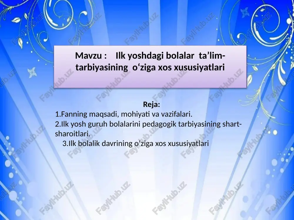 lari quyidagi asosiy yo'nalishlarda amalga oshiriladi: 1. oilaviy tarbiya - emotsional aloqa o'rnatish - fiziologik ehtiyojlarni qondirish - xavfsiz muhit yaratish 2. psixologik tayyorgarlik - bolaning individual xususiyatlarini hisobga olish - ijtimoiy adaptatsiyaga yordam berish - psixologik xavfsizlik 3. sog'lom hayot tarzini shakllantirish - gigiyenik talablarga rioya qilish - jismoniy faoliyatni rag'batlantirish - to'g'ri ovqatlanish ilk yosh guruh bolalari bilan ishlaydigan pedagoglar uchun qoʻyiladigan talablar bolalar psixologiyasini chuqur tushunish kommunikativ, mehribon va sabrli boʻlish har bir bolaning individual rivojlanish sur’atiga moslashish ota-onalar bilan samarali hamkorlik qilish ilk yosh guruh bolalarining pedagogik tarbiyasi – bolaning kelajakdagi shaxs sifatida shakllanishida muhim bosqich hisoblanadi. bola tarbiyasida yaratilgan shart-sharoitlar uning jismoniy sogʻligʻiga, ruhiy barqarorligiga, ijtimoiylashuviga va bilish qobiliyatlarining rivojlanishiga bevosita ta’sir koʻrsatadi. shuning uchun ilk yoshdagi bolalar bilan ishlaydigan pedagog va ota-onalar hamkorlikda, chuqur bilim va amaliy koʻnikmalar asosida tarbiya jarayonini olib borishlari lozim. 0-3 yoshdagi bolaning oʻziga xos xususiyatlari: yangi tugʻilgan chaqaloq davri …