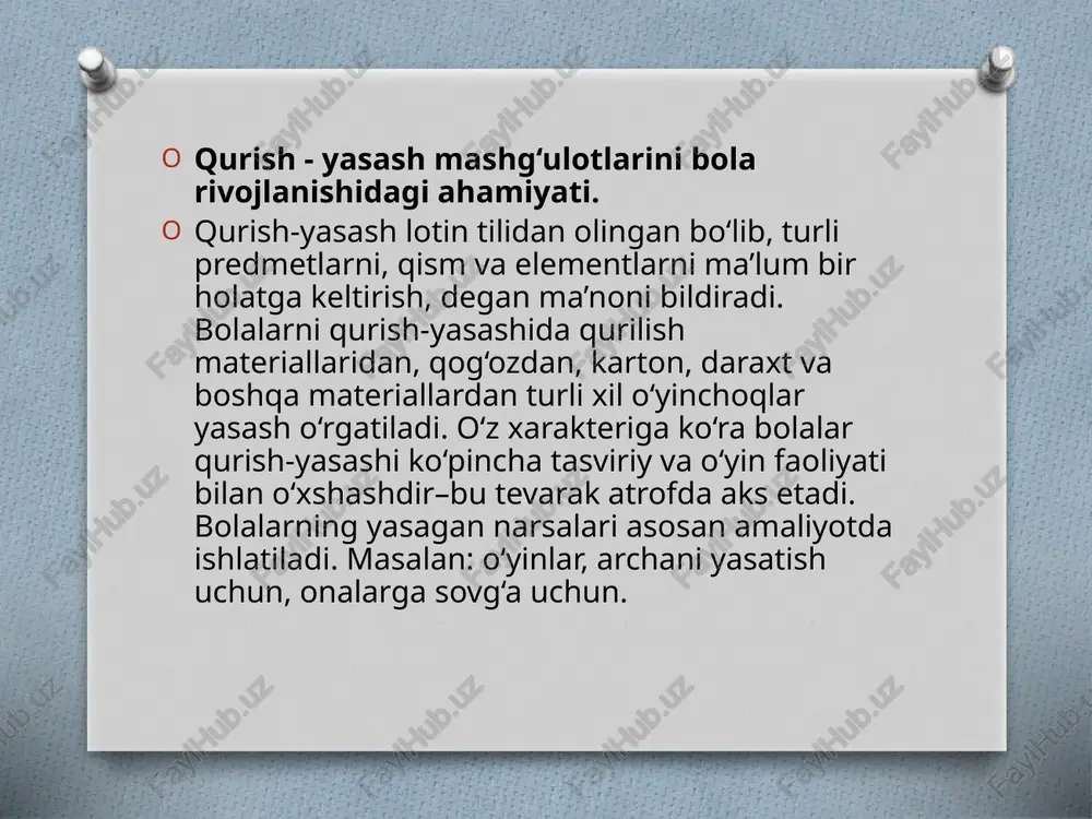 larning mexnati haqidagi taassurotlarini aks ettiradilar. bunday o‘yinlar bolalarda tashabbuskorlikni uyg‘otishga, ularni fikr yuritish va harakat faoliyatlarini faollashtirishga keng imkon yaratadi. mashg‘ulot va o‘yin vaqtida bolalar bir–birlari bilan turlicha munosabatda bo‘ladilar. ular rollarni o‘zaro bo‘lishib oladilar, ishlarni bajarishda bir birlariga yordam beradilar va maslahatlashadilar. qurilish o‘yinlarida harakat elementlari ko‘p bo‘lib, u bolalarning harakat qilishga nisbatan bo‘lgan talablarini qondirishga yordam beradi. bola biror narsani qura boshlaganda qurilish materiallarini tegishli joyga olib boradi, ularni stol yoki pol ustiga joylashtiradi, engashadi, bu vaqtda uning qo‘llari faol harakat qiladi, ya’ni ma’lum miqdorda jismoniy kuch sarflaydi. tarbiyachining ko‘rsatgan narsasini esda saqlab qolish va uni qayta esga solish bolalarni narsalarni bir–biriga solishtirishga, tahlil va sintez qilishga, o‘xshashini topib qo‘yishga va farqini ajrata bilishga majbur qiladi va qurilishdagi vazifalarni pala– partish bajarmaslikka, tasodifiy xulosa bilan qoniqib qolmay, balki maqsadga muvofiq yo‘l tutishga o‘rgatadi. bolalar bilimini mavzuli ravishda qurilish o‘yinlari faqat tevarak–atrofni bilib olish vositasigina bo‘lib qolmay, balki …