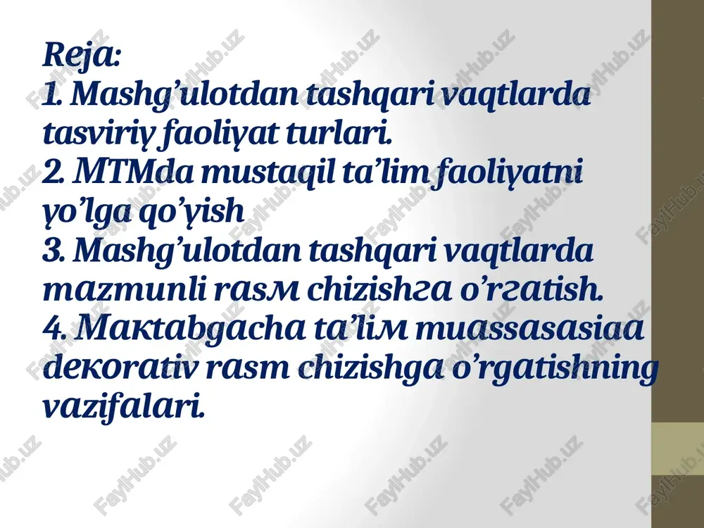 kerakli kattalikdagi va rangdagi qog’oz varaqlarini tayyorlaydi (tasvirlanadigan predmetning tuzilishiga ko’ra). qog’oz varag’iga oldindan orqa tomoniga bolalarni ismi, familiyasi, mashg’ulot o’tkaziladigan sana yozib qo’yiladi. 2) tarbiyachi oldindan qalam uchlarini ochib qo’yadi (albatta 4-5 qalam ortiqcha qilib tayyorlab qo’yiladi). 3) katta tayyorlov guruhlarida bolalar qo’proq akvarel bo’yog’ini ishlatadilar. oldindan bo’yoqlar ho’llangan bo’lishi lozim. mo’yqalamlar yaxshilab yuviladi. 4) mashg’ulot uchun lattalar, idishchalarni tayyorlash zarur. suv bankalarga mashg’ulot boshlanish arafasida quyiladi. e’tiboringiz uchun rahmat ! 12 image2.png /docprops/thumbnail.jpeg