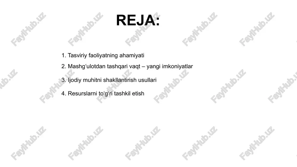 bo‘ladi. bu jarayon tafakkurni mustahkamlaydi. resurslarni to‘g‘ri tashkil etish orqali bolalar uchun rangli materiallar, bo‘yoqlar va tasviriy asboblarning mavjudligi ta'minlanadi, bu esa ijodga yo‘l ochadi. tashkil etilgan muhit bolani mustaqil ishlashga undaydi, ular o‘z fantaziyalarini ifoda etishda faol ishtirok etadi va yangi g‘oyalar yaratadi. 01 03 02 o‘quvchilarning qiziqishini oshirish yo‘llari mashgʻulotdan tashqari vaqtlarda tasviriy faoliyatni tashkil etish o‘quvchilarning ijodiy fikrlashini rivojlantirib, ularda sanʼatga bo‘lgan qiziqishni oshiradi. darsdan tashqari rasm chizish to‘garaklari, ko‘rgazmalar va tanlovlar tashkil etish orqali o‘quvchilar o‘z qobiliyatlarini ochib bera oladi. bunday faoliyat turli texnikalar bilan ishlashni o‘rgatib, o‘quvchilarning sanʼatga mehrini kuchaytiradi va ijtimoiy faollikka undaydi. 02 01 03 ko‘rgazmalar va tanlovlar orqali faollikni rag‘batlantirish 01 02 04 ko‘rgazmalar tashkil etish orqali o‘quvchilarning tashabbus ko‘rsatishlari rag‘batlantiriladi. ular o‘z ijodiy ishlarini namoyishi orqali ishonch hosil qilishadi. turli tanlovlar uyushtirish, o‘quvchilarning san’atga qiziqishini oshiradi. bu orqali yoshlar o‘z iste’dodlarini keng ommaga ko‘rsatishga imkon topadilar. mashg‘ulotdan tashqari tashkil etilgan loyihalar …