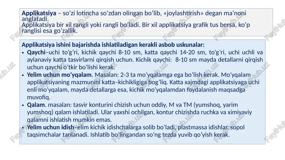 lar, tasavvur, ijodiy faoliyatni kichik ta'sirchanlikni rivojlantirish; - badiiy did, aniqlik, mukammallikni oshiring. - hunarmandchilik jarayoniga qiziqish bildiring. yumshoq rasm fantaziya, ijodiy salohiyat, hissiyotsional ijodkorlikni rivojlantiradi. bunda nafaqat jun, balki paxta disklaridan ham foydalanishingiz mumkin. bundan tashqari, paxta bo'yalgan bo'lishi mumkin. krigami – bu qog‘ozni yirtish yoki simmetrik qirqish yo‘li bilan yasash yo‘li bilan narsa yasash ma’nosini bildiradi. kirigami yaponcha so'z bo'lib, ikki so'zdan iborat: "toiru "- kes + " kami "-qog'oz. bu ob'ektlarning hajmli tasvirini yaratish uchun qog'oz bilan ishlash usullaridan biri bo'lib, hajmli shaklni yaratish uchun qog'ozni ma'lum bir tarzda kesish va qatlamadan iborat. kirigami qog'oz san'atining bir turi bo'lgani uchun origamiga o'xshaydi. ularning orasidagi asosiy farq quyidagilardan iborat: origamida siz faqat qog'ozni qatlaysiz, kirigamida siz nafaqat qog'ozni qatlaysiz, balki qog'ozni ham kesib olasiz. kichik guruhlarda applikatsiya qilishga o’rgatish maktabgacha ta’lim tashkilotida applikatsiya mashg’ulotlari kichik guruhdan boshlab olib boriladi. bu guruhda barcha mashg’ulotlarda bolalar kattalar tomonidan qilib berilgan …