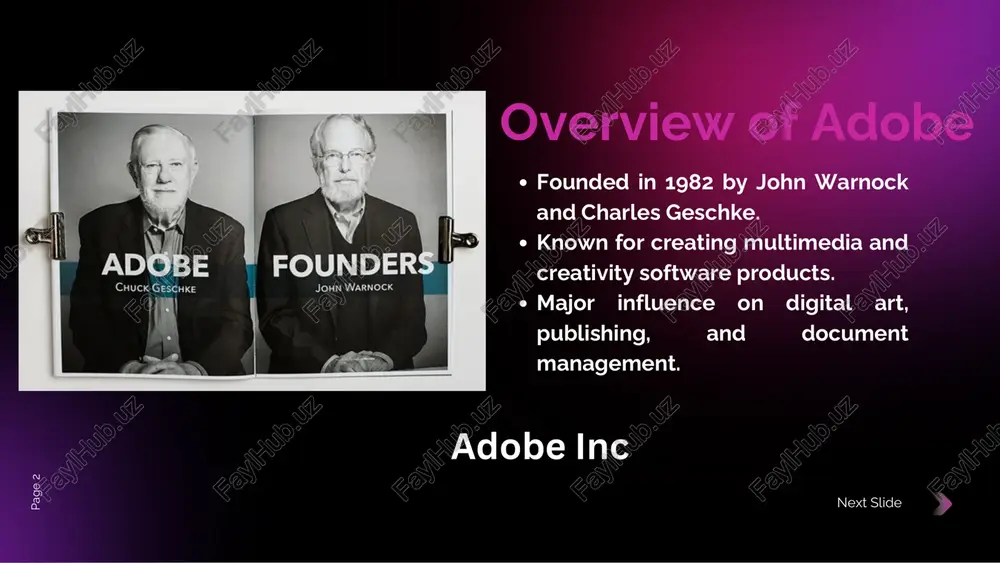 ng freelancers and small businesses: tools like photoshop, premiere pro, and after effects offer unmatched versatility, used by companies like disney, marvel, and top advertising agencies to create everything from blockbuster movies to global ad campaigns. adobe's affordable subscription model via creative cloud allows freelancers and small businesses to access high-end tools without large upfront costs. next slidepa ge 9 www.reallygreatsite.com innovation and future plans continued development of ai- powered tools like adobe sensei. focus on cloud-based collaboration, particularly through creative cloud and document cloud. growth in the digital marketing and analytics space with adobe experience cloud. next slidepa ge 10 heading: adobe’s legacy and continuing influence adobe’s innovations have shaped modern digital media and content creation. continues to be a leader in the creative software industry. with a focus on ai and cloud-based solutions, adobe is well-positioned for future growth. conclusion next slide thank pa ge 15 you! your …