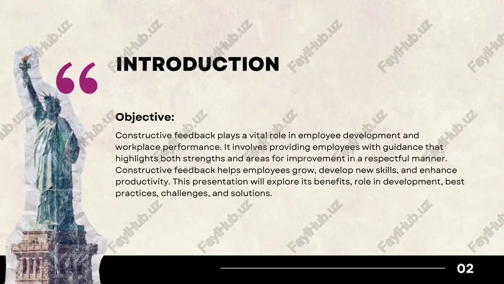 ic, and empathetic to ensure employees feel supported. providing concrete examples and encouraging open communication make feedback more meaningful and actionable. 07 how to receive feedback effectively employees should maintain an open mindset and view feedback as an opportunity for growth. avoiding defensive reactions and asking clarifying questions help create a constructive experience. implementing feedback and making necessary improvements demonstrate a willingness to learn, ultimately enhancing performance and career development. 08 common challenges and how to overcome them employees sometimes resist feedback due to fear or misunderstanding. encouraging a growth mindset helps them see feedback as a tool for improvement. lack of clarity in feedback can cause confusion, so it must be specific and actionable. negative perceptions can be changed by framing feedback as a means for success rather than criticism. case study / example 09 a company noticed an employee struggling with time management. instead of reprimanding them, their …