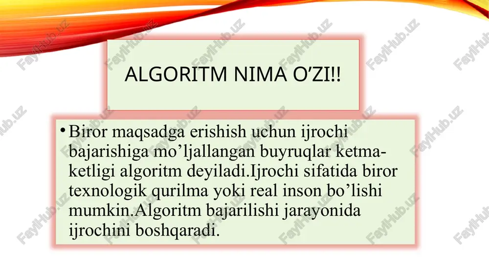 hi mumkin. randomizatsiya usuli, ma'lum bir natijaga yetish uchun, odatda tasodifiy (random) belgilangan protsesslardan foydalanishga asoslangan usul hisoblanadi. python dasturlash tilida, randomizatsiya usullarini amalga oshirish uchun random moduli mavjud.deterministik bo'lmagan algoritmlar ko'pincha aniq yechim topish qiyin va taxminiy yoki ehtimolli yechim yetarli bo'lgan holatlarda qo'llaniladi. import random def non_deterministic_sqrt(s): m = random.uniform(0, s) while abs(m*m - s) > 0.0001: m = (m + s/m) / 2 + random.uniform(-0.1, 0.1) return m input_s = 25 natija = non_deterministic_sqrt(input_s) print(f"{input_s} ning kvadrat ildizi taxminan {natija}") natijasi: 25 ning kvadrat ildizi taxminan 5.000008671126489 25 ning kvadrat ildizi taxminan 4.999991392553091…. 3.ketma-ket algoritmlar ketma-ket algoritmlarda dasturning har bir qadam ketma-ket , birin-ketin bajariladi.blok-sxemada ham ular qat’iy tartibda ketma-ket amallarning bajarilishini ko’rsatadi.ketma-ket algoritmlar, shuningdek, deterministik algoritmlar deb ham ataladi, masalani hal qilish uchun muayyan bosqichlar ketma-ketligiga rioya qiladigan algoritmlar. ushbu algoritmlar bajarilish tartibidan qat'iy nazar, bir xil kirish uchun bir xil chiqishni ishlab chiqarish uchun mo'ljallangan. …