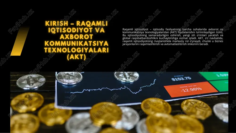 obatbardoshlikni oshirish – raqamli infratuzilmani rivojlantirish orqali mamlakatlar o‘rtasidagi iqtisodiy raqobatni kuchaytirish. akt raqamli iqtisodiyotda quyidagi asosiy rollarni o‘ynaydi: biznes va sanoat jarayonlarini raqamlashtirish – akt biznes jarayonlarini avtomatlashtirish va raqamlashtirishga yordam beradi; ma’lumotlar tahlilini optimallashtirish – sun’iy intellekt va ma’lumotlar tahlili orqali biznes qarorlarini optimallashtirish; xizmatlar va mahsulotlar sifatini yaxshilash – raqamli texnologiyalar orqali mahsulot va xizmatlar sifatini yuqori darajaga ko‘tarish; yangi raqamli infrastrukturani yaratish – bulutli hisoblash va iot texnologiyalari yordamida yangi raqamli infratuzilma yaratish. 2021 2022 2023 2024 0 2000 4000 6000 8000 raqamli iqtisodiyotda ta’lim va innovatsiyalar muhim o‘rin tutadi. ta’lim tizimi raqamli ko‘nikmalarni rivojlantirishga qaratilgan bo‘lishi kerak. bu yangi texnologiyalarga asoslangan tizimlar, masofaviy ta’lim, virtual o‘quv platformalarini o‘z ichiga oladi. innovatsiyalar, o‘z navbatida, yangi mahsulot va xizmatlarni yaratishga yordam beradi, shuningdek, iqtisodiyotning raqamlashtirishiga turtki beradi. davlat sektori raqamli iqtisodiyotni rivojlantirishda muhim rol o‘ynaydi. hukumatlar raqamli infratuzilmani rivojlantirish, elektron hukumat tizimlarini joriy etish va davlat xizmatlarini …