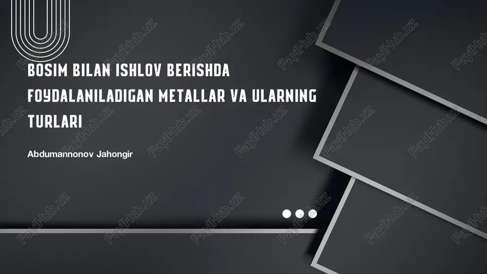 us usullar bilan ishlanadi, chunki u yuqori haroratda yaxshi plastik xossaga ega bo‘ladi. 06 qotishmalar va ularning afzalliklari bosim bilan ishlov berishda sof metallar bilan birga turli qotishmalar ham ishlatiladi. masalan, bronza (mis + qalay), latun (mis + rux), duraluminiy (alyuminiy + mis + marganets) kabi qotishmalar bardoshlilik, egiluvchanlik va korroziyaga chidamlilikni oshiradi. 07 metall tanlash mezonlari bosim bilan ishlov berishda metall tanlashda quyidagilarga e’tibor beriladi: mexanik xossalar (mustahkamlik, egiluvchanlik), termik xossalar (issiqda deformatsiyalanish), kimyoviy xossalar (korroziyaga chidamlilik) va iqtisodiylik (narxi va mavjudligi). 08 amaliy qo‘llanilish sohalari bosim bilan ishlov berilgan metallar mashinasozlik, qurilish, transport, energetika va harbiy sanoatda keng ishlatiladi. masalan, avtomobil kuzovlari, trubalar, mexanik qismlar, alyuminiy profillar bosim orqali ishlov berilgan metall mahsulotlaridir. 09 xulosa bosim bilan ishlov berishda foydalaniladigan metallar sanoatda muhim ahamiyatga ega. turli metall va qotishmalar tanlanib, ularning xossalaridan kelib chiqib zaruriy shakl va xususiyatga ega mahsulotlar olinadi. bu jarayonlar metall buyumlarning sifatini va chidamliligini …