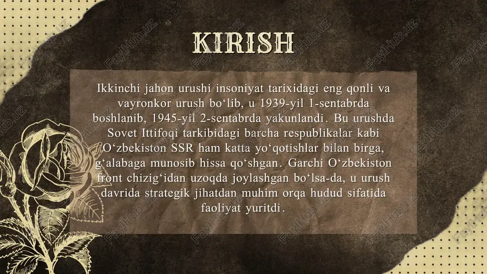n ortiq o‘zbekistonlik urush maydonlarida halok bo‘lgan. o‘zbekiston orqa front sifatida o‘zbekiston orqa front sifatida urush boshidan boshlab o‘zbekiston front uchun asosiy moddiy, oziq- ovqat va inson resurslari bilan ta’minlovchi orqa hududga aylandi. respublika hududiga rossiya, ukraina va belorussiyadan evakuatsiya qilingan zavod va fabrikalar joylashtirilib, qisqa vaqt ichida ishga tushirildi. urush boshidan boshlab o‘zbekiston front uchun asosiy moddiy, oziq- ovqat va inson resurslari bilan ta’minlovchi orqa hududga aylandi. respublika hududiga rossiya, ukraina va belorussiyadan evakuatsiya qilingan zavod va fabrikalar joylashtirilib, qisqa vaqt ichida ishga tushirildi. jumladan, toshkentda mashinasozlik, chirchiqda qurol-yarog‘ ishlab chiqaruvchi korxonalar faoliyat boshladi. ular frontga zarur bo‘lgan texnika, qurol, kiyim-kechak va boshqa harbiy mahsulotlar yetkazib berdi. jumladan, toshkentda mashinasozlik, chirchiqda qurol-yarog‘ ishlab chiqaruvchi korxonalar faoliyat boshladi. ular frontga zarur bo‘lgan texnika, qurol, kiyim-kechak va boshqa harbiy mahsulotlar yetkazib berdi. mehnat fronti va ayollar roli mehnat fronti va ayollar roli urush yillarida erkaklarning aksariyati frontga safarbar etilganligi bois, orqa …