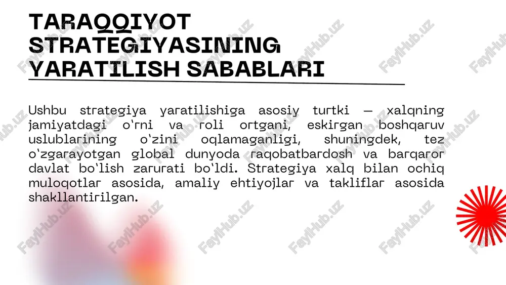 sh va har bir fuqaroning qonun oldida tengligini ta’minlashni anglatadi. bunda sud-huquq islohotlari, prokuratura va advokatura tizimini mustahkamlash, fuqarolarning arizalari va murojaatlariga tezkor javob berish tizimi yo‘lga qo‘yiladi. ta’lim va sog‘liqni saqlash tizimlarini zamonaviylashtirish strategiyaning eng muhim yo‘nalishlaridan biridir. boshlang‘ich va oliy ta’lim sifatini oshirish, kasb-hunar ta’limini rivojlantirish, zamonaviy kasblarga yo‘naltirish hamda sog‘lom avlodni tarbiyalash orqali inson salohiyati oshiriladi. aholining ijtimoiy himoyasini kuchaytirish ham e’tibordan chetda qolmaydi. inson kapitalini rivojlantirish iqtisodiy islohotlar va tadbirkorlikni rivojlantirish yangi o‘zbekiston strategiyasida bozor iqtisodiyotiga o‘tish, xususiy mulkni himoya qilish, tadbirkorlikka keng yo‘l ochish asosiy yo‘nalishlardan biridir. raqobatbardosh iqtisodiyotni shakllantirish, eksport imkoniyatlarini kengaytirish, yangi ish o‘rinlari yaratish orqali aholi daromadlari oshiriladi. davlat boshqaruv tizimini soddalashtirish, raqamlashtirish va fuqaroga xizmat ko‘rsatishga yo‘naltirish ko‘zda tutilgan. “xalq davlat uchun emas, davlat xalq uchun” degan prinsip asosida hokimiyat vakolatlarini aniq chegaralash, ochiqlik va hisobotlilik tizimlarini joriy qilish strategiyaning ustuvor yo‘nalishidir. davlat boshqaruv tizimini isloh qilish yangi o‘zbekiston taraqqiyot strategiyasi …