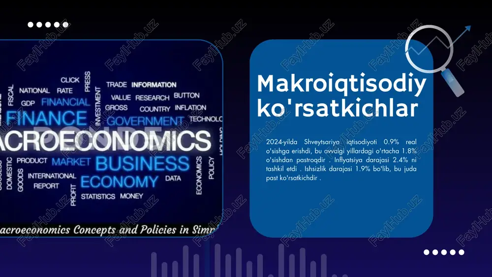 at yuritadi. bank va moliya sektori shveytsariya bank sektori global moliyaviy xizmatlar bozorida muhim o'rin egallaydi. ubs, credit suisse va julius baer kabi banklar xalqaro miqyosda tanilgan. 2024-yilda credit suisse va ubs banklarining birlashuvi moliyaviy sektorda muhim voqea bo'ldi . tashqi savdo muammolari 2024-yilda aqsh tomonidan shveytsariya mahsulotlariga 31% boj solig'i joriy etildi, bu eksportga salbiy ta'sir ko'rsatdi . shuningdek, shveytsariya frankining mustahkamlanishi eksportchilar uchun qo'shimcha qiyinchiliklar tug'dirdi . turizm shveytsariya iqtisodiyotining muhim tarmoqlaridan biri bo'lib, yaimning 2.6% ini tashkil etadi . alp tog'lari, tarixiy shaharlari va zamonaviy infratuzilmasi bilan sayyohlarni jalb etadi. turizm sohasi mehnat bozori 2023-yilda shveytsariyada ish bilan bandlik darajasi 83% ni tashkil etdi . ishsizlik darajasi 1.9% bo'lib, bu juda past ko'rsatkichdir. mehnat bozori yuqori malakali ishchi kuchi bilan ajralib turadi. xulosa shveytsariya iqtisodiyoti yuqori darajadagi barqarorlik, raqobatbardoshlik va innovatsion salohiyatga ega. biroq, global savdo mojarolari va valyuta kurslarining o'zgarishi kabi tashqi omillar iqtisodiyotga ta'sir ko'rsatishi …