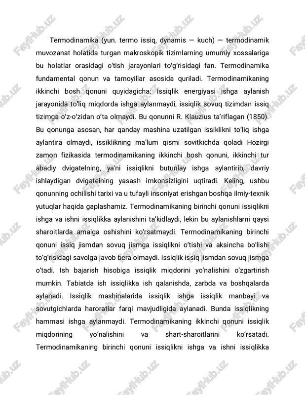 haroitlarda amalga oshishini ko‘rsatmaydi. termodinamikaning birinchi qonuni issiq jismdan sovuq jismga issiqlikni o‘tishi va aksincha bo‘lishi to‘g‘risidagi savolga javob bera olmaydi. issiqlik issiq jismdan sovuq jismga o‘tadi. ish bajarish hisobiga issiqlik miqdorini yo‘nalishini o‘zgartirish mumkin. tabiatda ish issiqlikka ish qalanishda, zarbda va boshqalarda aylanadi. issiqlik mashinalarida issiqlik ishga issiqlik manbayi va sovutgichlarda haroratlar farqi mavjudligida aylanadi. bunda issiqlikning hammasi ishga aylanmaydi. termodinamikaning ikkinchi qonuni issiqlik miqdorining yo‘nalishini va shart-sharoitlarini ko‘rsatadi. jism bir qancha o‘zgarishlarga uchrab, ish bajarib, yana o‘zining avvalgi holatiga qaytib kelishiga aylanma jarayonlar deyiladi. aylanma jarayon bu – sikl (davriylik)dir. agar jarayon soat strelkasi bo‘ylab harakat qilsa, ya’ni kengayish chizig‘i torayish chizig‘idan yuqori joylashgan bo‘lsa, bunday jarayon to‘g‘ri sikl deyiladi. to‘g‘ri siklda issiqlik ishga aylanadi. bu siklda kengayish ishi torayish ishidan kam bo‘ladi. bu sikl bo‘yicha barcha issiqlik mashinalari ishlaydi. agar jarayon soat strelkasiga qarama-qarshi yo‘nalgan bo‘lib, kengayish chizig‘idan teskari sikl pastda joylashgan bo‘lsa, bunday jarayon teskari sikl …
