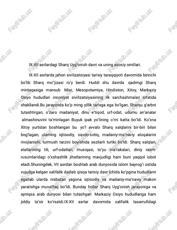 an. buni xalifalik hukmdorlari sanalgan xorun ar -rashid, ma’mun yoxud ona yurtimiz ma’rifatparvar hukmdorlari: nasr, ismoil somoniylar, mahmud g’aznaviy, malikshox, nizomulmulk, jaloliddin manguberdi, amir temur, mirzo ulug’bek, husayn boyqaro, bobur mirzo va boshqalar timsolida aniq-ravshan ko’rishimiz mumkin. sharq uyg’onish davri o’z mazmun-mohiyatiga ko’ra quyidagi muhim omillar va hususiyatlari bilan yaqqol ajralib turadi: 1) madaniyatda dunyoviy bilimlar, islom axkomlari, aqidalarning rivojlanishi, ularning jamiyat va odamlar manfaatlari nuqtai nazaridan talqin etilishi; 2) turli davlatlar, xalqlarning (arab, eron, yunon, xind, turkiy va bosh.) madaniy meroslari, qadriyatlari, yutuqlari, ma’naviy boyliklaridan foydalanish zarurligi; 3) astronomiya, matematika, minerologiya, jug’rofiya, kimyo va boshqa tabiiy fanlar rivoji; 4) uslub (metodologiya)da ratsionalizm (oqilonalik), mantiqning ustuvorligi; 5) insoniy do’stlik, yuksak axloqiylik g’oyalarining targ’ib etilishi, komil inson shaxsini shakllantirib voyaga yetkazish; 6) falsafa va tarix fanlarining o’sishi; 7) adabiyot, musiqa, badiiy madaniyat, notiqlikning keng rivoj topishi; 8) bilimdonlik, donishmandlikning qomusiy tarzda keng e’tirof topishi va x.k. uyg’onish davrining bu asosiy omillari …