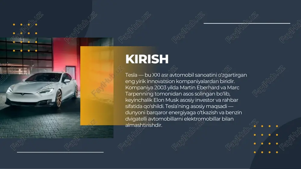 kam dizayn, pikap bozori uchun tesla semi: elektr yuk mashinasi, ekologik transport kelajagi har bir modelning tavsifi hozirda elektromobil bozori jadal o‘sib bormoqda. 2024 yilda butun dunyo bo‘yicha 17,3 million elektromobil ishlab chiqilgan bo‘lsa, shundan qariyb 10 % ulushini tesla tashkil etgan. kompaniya elektromobillarni ommalashtirishda yetakchi o‘rinni egallab kelmoqda, garchi xitoyning byd kompaniyasi so‘nggi yillarda kuchli raqobatchi sifatida paydo bo‘lgan bo‘lsa-da. tesla va global elektromobil bozori raqobatdagi ustunliklar tesla raqobatchilaridan bir necha jihatdan ajralib turadi. eng avvalo, kompaniya o‘zining dasturiy ta’minotini o‘zi ishlab chiqadi, bu esa avtomobillarni masofadan yangilash imkonini beradi. shuningdek, “supercharger” tarmog‘i orqali mijozlar avtomobillarini tez zaryadlab olishlari mumkin. tesla’ning batareya texnologiyasi ham bozorning eng samarali tizimlaridan biri bo‘lib, uzoq masofaga yurish imkoniyatini ta’minlaydi. asosiy raqobatchilar byd (xitoy) — arzon elektromobillar segmentida volkswagen — yevropa bozorida faol bmw va mercedes — premium segmentda raqobat hyundai va kia — o‘rta toifadagi elektromobillar rivian va lucid — aqsh ichki bozori …