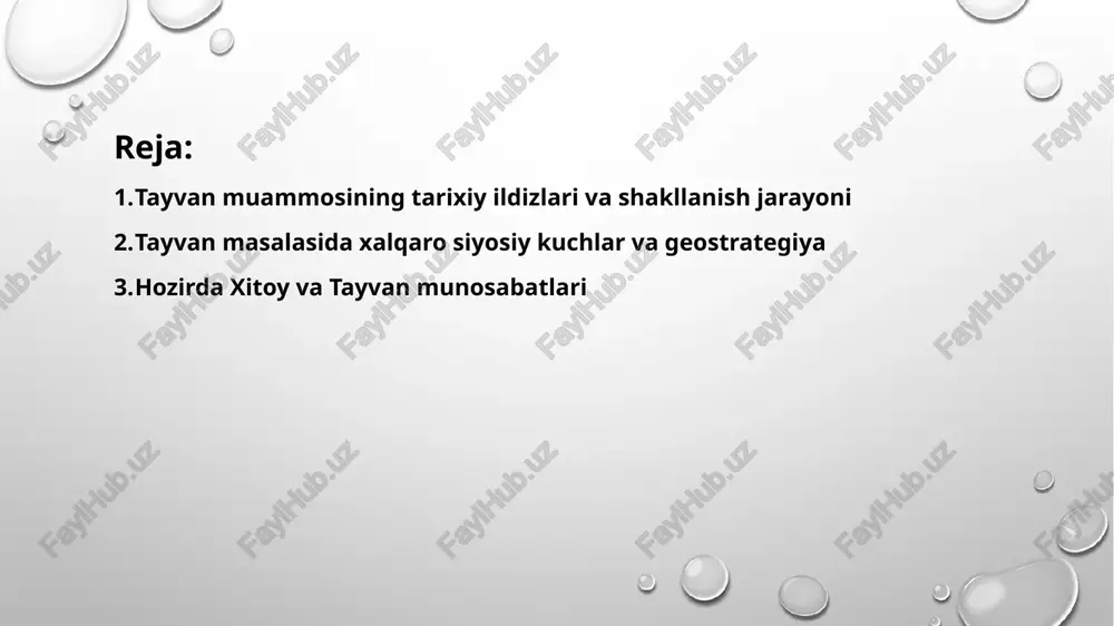 — o‘z ittifoqchilari aqsh va buyuk britaniya roziligi bilan tayvanni boshqara boshlaydi. ammo keyin xitoyda chan kayshi boshqaruvidagi gomindan partiyasining milliy hukumati va mao tszedun rahbarligidagi xitoy kommunistik partiyasi qo‘shinlari o‘rtasida fuqarolik urushi boshlanib ketadi. yakunda gomindan mag‘lubiyatga uchraydi. 1949 yilda chan kayshi o‘z tarafdorlari bilan - ularning soni bir yarim million atrofida bo‘lgan - tayvanga qochib o‘tadi. u bu yerda surgundagi hukumat ta’sis etib, o‘ziga bo‘ysungan hududni xitoy respublikasi deb e’lon qiladi va keyingi 25 yilda hukmronlik qiladi. chan kayshi bilan birga materik hududidan qochib kelgan xitoyliklar butun aholining 14 foizini tashkil qilsa-da, ko‘p yillar mobaynida tayvan siyosatida ustunlik qilishadi. tayvanning geostrategik ahamiyati birinchidan, geoiqtisodiy tomondan tayvan xitoy taraqqiyoti uchun mislsiz darajada muhim. zamonaviy xxr dengizlarga qaram bo‘lgan quruqlik davlatidir. xitoy oziq-ovqat, xomashyo va energiya resurslarining juda katta qismini import qiladi, shuningdek, tayyor mahsulotlarini bozorga chiqarishi kerak. bularning barchasi dengiz yo‘llari orqali amalga oshiriladi. ikkinchidan, tayvan mikrochip sanoatidagi asosiy …