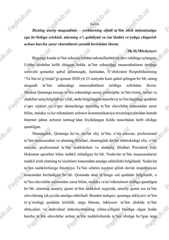 andi. nodavlat taʼlim tashkilotlariga litsenziya taʼlim sifatini nazorat qilish davlat inspektsiyasi tomonidan beriladigan bo‘ldi. qonunda dual taʼlimga oid qoidalar belgilanib, u taʼlim oluvchilar tomonidan zarur bilim, malaka va ko‘nikmalarni olishga qaratilgan bo‘lib, ularning nazariy qismi taʼlim tashkiloti negizida, amaliy qismi esa taʼlim oluvchining ish joyida amalga oshiriladi. bundan tashqari, qonunga inklyuziv taʼlim to‘g‘risidagi qoidalar kiritilib, unga binoan, inklyuziv taʼlim alohida taʼlim ehtiyojlari va individual imkoniyatlarning xilma-xilligini hisobga olgan holda barcha taʼlim oluvchilar uchun taʼlim tashkilotlarida taʼlim olishga bo‘lgan teng imkoniyatlarni taʼminlashga qaratilgan. jismoniy, aqliy, sensor (sezgi) yoki ruhiy nuqsonlari bo‘lgan bolalar (shaxslar) uchun taʼlim tashkilotlarida inklyuziv taʼlimni tashkil etadi.mazkur qonun jahon standartlari talablaridan kelib chiqqan holda taʼlim sohasidagi munosabatlarni tartibga solishning qamrovi kengligi va o‘ziga xos xususiyatga ega ekanligi bilan 1997-yil 29-avgust kuni qabul qilingan “taʼlim to‘g‘risida”gi qonundan tubdan farq qiladi. taʼlim sohasida amalga oshirilayotgan islohotlarning maʼlum qismini, albatta, oliy taʼlim tizimidagi islohotlar tashkil etadi.hususan, o‘zbekiston respublikasida oliy taʼlimni tizimli …