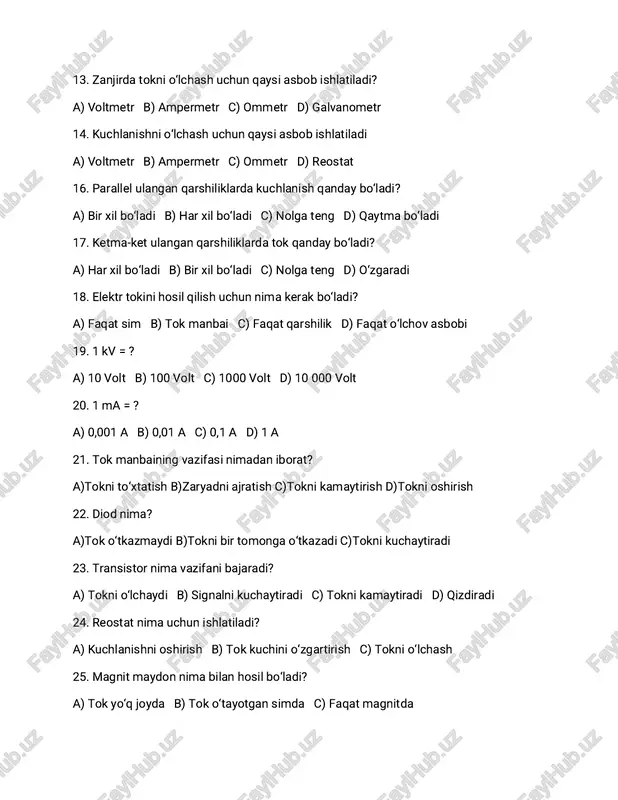 shlatiladi? a) kuchlanishni oshirish b) tok kuchini o‘zgartirish c) tokni o‘lchash 25. magnit maydon nima bilan hosil bo‘ladi? a) tok yo‘q joyda b) tok o‘tayotgan simda c) faqat magnitda