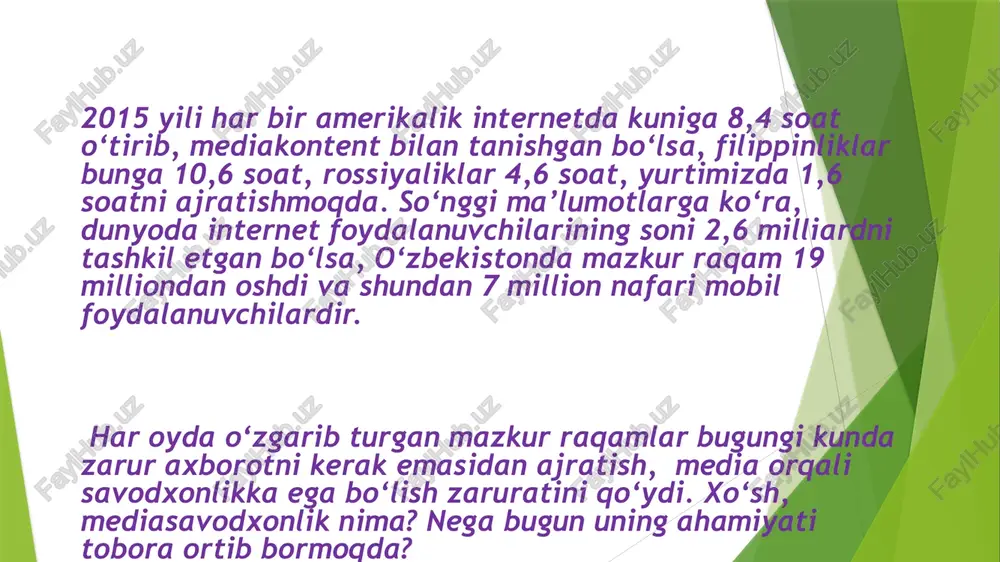 i shakllantirish; axborot orqali inson ongini boshqarishga yo‘l qo‘ymaslik va har qanday vaziyatda to‘g‘ri qaror qabul qilish; insonning vizual obrazlar ta’siri ostida ijobiy yoki salbiy tomonga o‘zgarishlarini tahlil eta olish va vizual xabarlar ostida beriladigan ko‘rinmas ma’lumotlarni “o‘qiy olish”; oav orqali beriladigan matnli kommunikatsiyalar mohiyatini tahlil etish; axborot qaerdan, kim tomonidan va nima maqsadlarda uzatilyapti, kimning manfaatlarini o‘zida aks etayapti, degan savollarga javob topa olish uchun zarurdir. mediasavodxonlik tushunchasi borasida turli xil fikrlar mavjud bo‘lib, aqshning jamiyat xususidagi xalqaro entsiklopediyasida qayd etilishicha, «mediasavodxonlik» (media literacy) inson jamiyatdagi fuqaro sifatidagi mas’uliyatini his qilgan holda faol va savodli bo‘lishi, mediamatnlarni qabul qila olishi, yaratishi, tahlil eta olishi va baholashi, zamonaviy mediani ijtimoiy-madaniy va siyosiy mazmunini tushuna olishi demakdir. londonning qirollik universiteti professori s.fayrstounning fikriga ko‘ra esa, mediasavodxonlik harakat bo‘lib, uning asosiy vazifasi insonlarni audiovizual va bosma matnlarning madaniy ahamiyatini tushunish, yaratish va baholashga undashdan iborat. ingliz siyosatshunosi r.kibey esa mediasavodxonlikni turli xil …