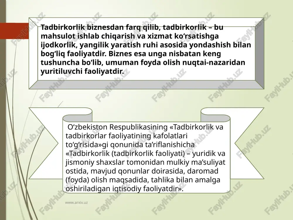 kdorning o‘zi tomonidan ham, uning mol-mulki asosida ish yurituvchi sub’ekt tomonidan ham amalga oshirilishi mumkin. 3 xo‘jalik yuritish yo‘lini erkin tanlash, daromadni investitsiyalash imkoniyati va shu kabilarni real ta’minlaydigan ma’lum iqtisodiy muhit va ijtimoiy siyosiy sharoit yaratishi zarur. tadbirkor xo‘jalik yuritishda uning biron turini tanlash, ishlab chiqarish jarayonini amalga oshirish, uni o‘zgarishlarga moslashtirish, manbalarni tanlash, resurs topish, mahsulot sotish, ularga baho belgilash, foydani tasarruf qilish va shu kabilar bo‘yicha ma’lum xuquq va erkinliklar mavjud bo‘lishini taqozo etadi. www.arxiv.uz www.arxiv.uz 4 tadbirkorlik mulkchilik va o‘zlashtirish turli-tuman shakllari va turlarining mavjudligini taqozo qiladi. o‘z navbatida mulkchilik va o‘zlashtirish sohalaridagi turli-tumanlilikning o‘zi ob’ektiv hodisa bo‘lib, ishlab chiqaruvchi kuchlarning rivojlanishi oqibati sifatida maydonga chiqadi. 5 yetarli moliyaviy manbalarga, yaxshi ma’lumot va malakali tayyorgarlikka ega bo‘lish, umumiy tijorat qonunchiligi, soliq bo‘yicha imtiyozlar, tadbirkorlik muhiti va uni rivojlantirishda jamiyat manfaatdorligining mavjud bo‘lishi tadbirkorlikni rivojlantirishning navbatdagi shart-sharoitlari hisoblanadi. yuqorida ko‘rib o‘tilgan sharoitlar asosida davlat korxonalarini uchta guruhga …