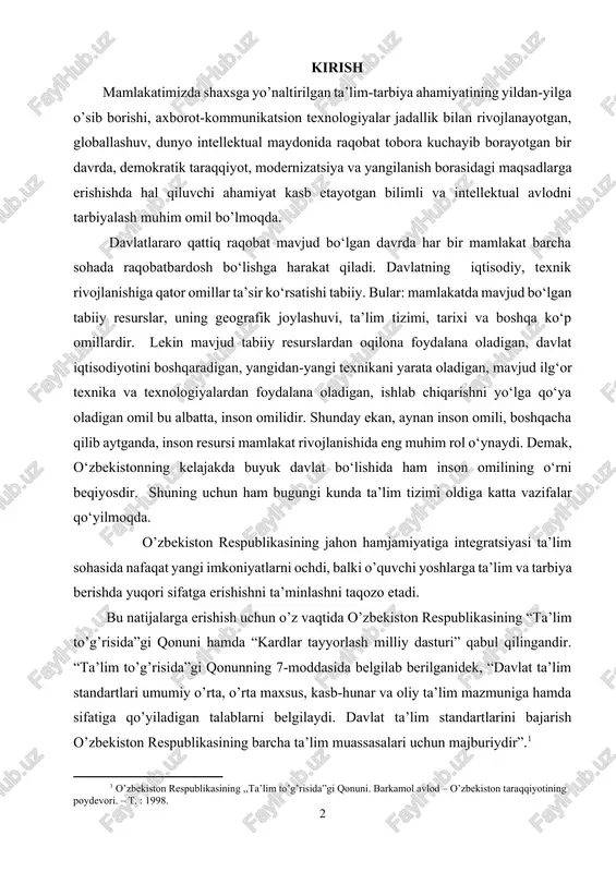 ta’minlashni taqozo etadi. bu natijalarga erishish uchun o’z vaqtida o’zbekiston respublikasining “ta’lim to’g’risida”gi qonuni hamda “kardlar tayyorlash milliy dasturi” qabul qilingandir. “ta’lim to’g’risida”gi qonunning 7-moddasida belgilab berilganidek, “davlat ta’lim standartlari umumiy o’rta, o’rta maxsus, kasb-hunar va oliy ta’lim mazmuniga hamda sifatiga qo’yiladigan talablarni belgilaydi. davlat ta’lim standartlarini bajarish o’zbekiston respublikasining barcha ta’lim muassasalari uchun majburiydir”.[footnoteref:1] [1: o’zbekiston respublikasining ,,ta’lim to’g’risida”gi qonuni. barkamol avlod – o’zbekiston taraqqiyotining poydevori. – t. : 1998.] demak, zamonaviy inson mustaqil qaror qabul qila oladigan, jamoada ishlay oladigan, tashabbuskor, mustaqil qaror qabul qila oladigan, yangiliklarga moslasha oladigan, mashaqqatli holatlarga chidamli hamda bu holatlardan chiqa oladigan bo’lishi kerak. bunday sifatlarni qaror toptirishga matematika ta’limida kompetensiyaviy yondoshuvdan foydalanish asosida erishish mumkin. bugungi kunda rivojlangan davlatlarda kompetensiyaviy yondoshuv ta’lim mazmunini modernizatsiya qilish va yangicha o’qitish yo’nalishlaridan biriga aylangan. bu davlatlardagi umumiy ta’limning yangicha mazmuni asosini o’quvchilarning tayanch kompetensiyalarini hosil qilish va rivojlantirish tashkil etadi. ta’limga kompetensiyaviy yondoshuv an’anaga aylanib …