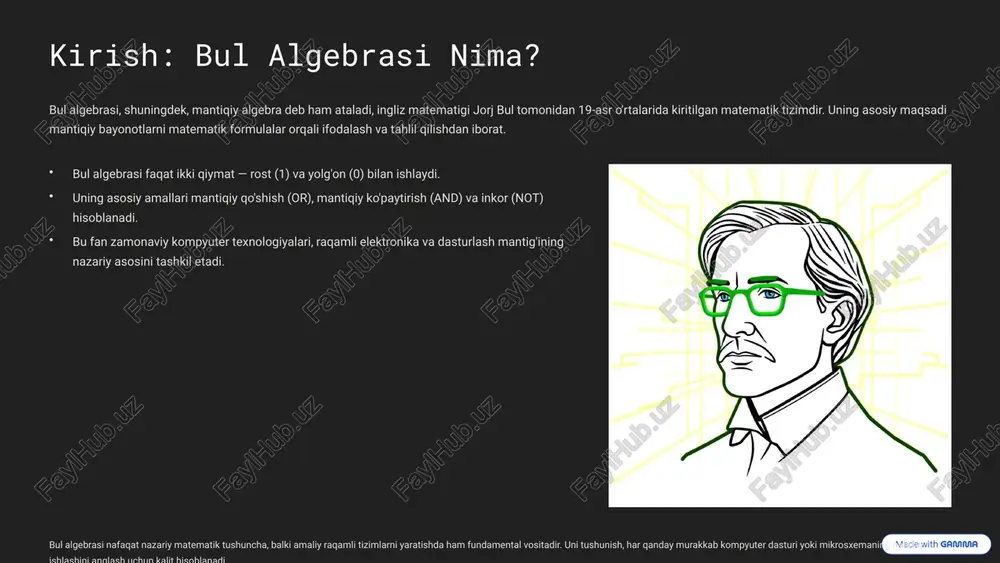 0 yoki 1). identifikatsiya elementi mantiqiy qo'shish uchun 0 (a + 0 = a) va mantiqiy ko'paytirish uchun 1 (a · 1 = a) identifikatsiya elementlari mavjud. kommutativlik amallarning tartibi natijaga ta'sir qilmaydi: a + b = b + a va a · b = b · a. distributivlik ko'paytirish qo'shishga nisbatan taqsimlanadi: a · (b + c) = (a · b) + (a · c). bulga xos qo'shish ham ko'paytirishga nisbatan taqsimlanadi: a + (b · c) = (a + b) · (a + c). komplementlik (inkor) har bir a elementi uchun uning komplementi (a') mavjud bo'lib, quyidagi shartlar bajariladi: a + a' = 1 va a · a' = 0. 4 ikki qiymatli algebra va uning xususiyatlari ikki qiymatli algebra bul algebrasining eng keng tarqalgan va amaliy qo'llaniladigan ko'rinishidir. unda aksiomalardan kelib chiqadigan muhim xususiyatlar mavjud. idempotentlik qonuni a + a = a (rost or rost = rost) …