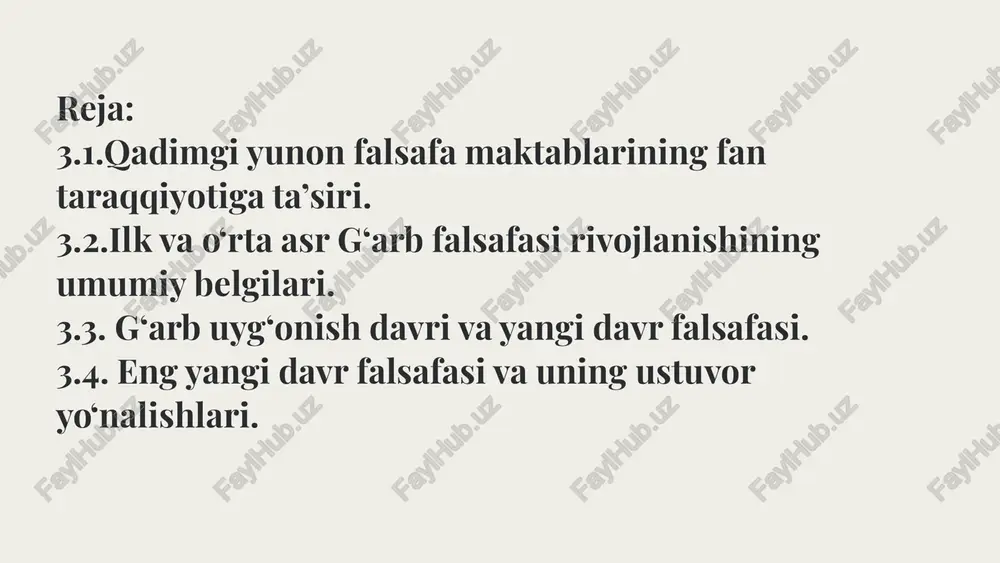 bilgan. uningcha, havoning quyuqlashishidan suv, yer, tosh kabi moddalar tashkil topgan, siyraklashishidan esa olov paydo bo‘lgan. anaksimandr geraklit geraklit (eramizdan avvalgi 520-460 yillar) - qadimgi yunon faylasufi, ioniya maktabi vakili. u olovni olamning vamavjudotning kelib chiqishi deb hisoblagan, u ham ruh va ongdir (logos); u “o‘lchovlar bilan yonadi va o‘lchovlar bilan o‘chadi”. kondensatsiya natijasida hamma narsa olovdan paydo bo‘ladi, kamdan-kam hollarda ular unga qaytadilar. u (“hamma narsa oqadi”, “bitta daryoga ikki marta kira olmaysiz”) bo‘lib, doimiy o‘zgarish g‘oyasini bildirdi. pifagor (eramizdan avvalgi 580-500 yillar) yunonistonning samos orolida yashab o‘tgan qadimgi yunon faylasufi, diniy va siyosiy arbob, pifagorizm asoschisi, matematik. u qadimgi yunonistonda diniy-mafkuraviy falsafiy maktab, ya’ni pifagorchilikka asos solgan. pifagor o‘zining siyosiy qarashlari tufayli podsho polikret bilan chiqisha olmagan va samosni tark etib, janubiy italiyaga ko‘chib ketgan, o‘sha yerda o‘z uyushmasini tashkil etgan. uningcha, dunyoni bilish jarayoni, avvalo, raqamlarni bilishdan boshlanishi kerak. pifagor ksenofan (eramizdan avvalgi vi — v asr) …