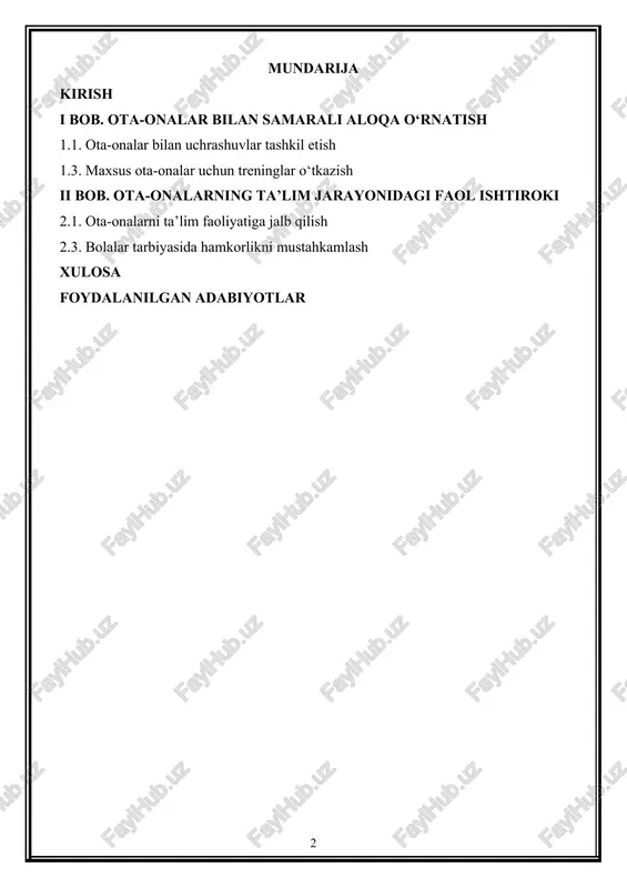 h juda muhimdir. ota-onalar, o‘z farzandlarining ta’limi va tarbiyasida bevosita ishtirok etish orqali ularning o‘ziga xos ehtiyojlari va qobiliyatlarini yaxshiroq tushunishga yordam beradi. shuningdek, ota-onalar o‘z tajribalarini ta’lim jarayoniga qo‘shish orqali pedagoglar bilan birgalikda bolalar uchun yanada samarali va moslashtirilgan ta’lim muhitini yaratadilar. ota-onalar bilan faol hamkorlik maktabgacha ta’lim muassasasi va ularning o‘rtasida ishonchni mustahkamlashga, farzandlarning ta’limidagi muvaffaqiyatni oshirishga olib keladi. shu bois, maktabgacha ta’lim tashkilotlarida ota-onalar bilan samarali va o‘zaro ishonchga asoslangan hamkorlikni rivojlantirish, ta’lim sifatini yaxshilash va bolalar rivojlanishining barcha jabhalarini qo‘llab-quvvatlashda muhim rol o‘ynaydi. bu jarayon, shuningdek, ota-onalarning tarbiyaviy mas’uliyatini yanada kuchaytirish, ularga ta’lim va tarbiya sohasida zarur bilimlar va ko‘nikmalarni berish imkonini yaratadi. hozirgi kunda ota-onalar bilan hamkorlikni rivojlantirish, ta’lim sifatini oshirish, pedagogik yondashuvlarni yangilash va bolalarga sifatli ta’lim berish har bir maktabgacha ta’lim tashkilotining asosiy maqsadlaridan biriga aylangan. ota-onalar va o‘qituvchilar o‘rtasidagi samarali muloqot nafaqat ta’lim jarayonining samaradorligini oshiradi, balki bolalar uchun sog‘lom va xavfsiz …