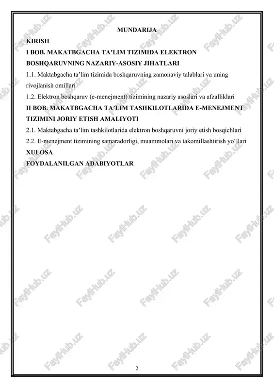 shlari va doimiy nazoratni talab qiladigan xususiyatlari bilan boshqa bo‘g‘inlardan farq qiladi. tarbiyalanuvchilar sonining ortib borishi, pedagoglar mehnatining ko‘payishi va jamiyatning ushbu soha faoliyatiga bo‘lgan e’tibori bu tizimda boshqaruvning samaradorligini yanada oshirishni zarur qiladi. an’anaviy boshqaruv shakllari – ko‘p qog‘ozbozlik, hisobotlarning vaqtida topshirilmasligi, ma’lumotlarning o‘z vaqtida yangilanmasligi va axborotlarning qayta-qayta takrorlanishi – samaradorlikka salbiy ta’sir ko‘rsatadi. elektron boshqaruv tizimlari esa ushbu jarayonlarni optimallashtirishga, inson omilidan kelib chiquvchi xatolarni kamaytirishga, tezkor va aniq ma’lumotlar bazasini shakllantirishga yordam beradi. elektron boshqaruvning maktabgacha ta’lim tizimiga joriy etilishi orqali tarbiyachi-pedagoglarning mehnat jarayoni yengillashadi, hisobotlar avtomatlashtiriladi, bolalarning rivojlanish darajasi, davomati, sog‘lig‘i va psixologik holatini monitoring qilish imkoniyatlari kengayadi. shuningdek, tashkilot rahbarlari uchun boshqaruv qarorlarini qabul qilishda aniq statistik ko‘rsatkichlarga tayangan holda ishlash imkoniyatlari yaratiladi. bularning barchasi raqamli transformatsiyaning maktabgacha ta’lim tizimidagi o‘rni naqadar muhim ekanligini ko‘rsatadi. maktabgacha ta’lim tashkilotlarining zamonaviy boshqaruv tizimida e-menejmentning joriy etilishi davlat boshqaruvi sifatining oshishiga ham o‘z ta’sirini ko‘rsatadi. chunki maktabgacha …