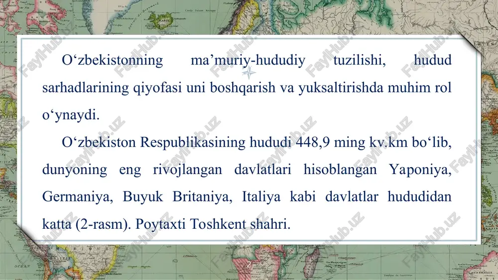 espublikasidagi tumanlarni tuzish va tugatish qoraqalpog‘iston respublikasi hukumatining taklifiga muvofiq jo‘qorg‘i kenges tomonidan o‘zbekiston respublikasi oliy majlisining roziligi bilan amalga oshiriladi (o‘zbekiston respublikasi konstitutsiyasining 69-moddasi). qishloqlar, ovullarni tuzish va tugatish, chegarasini o‘zgartirish tegishli tuman hokimlarining iltimosnomasiga asosan xalq deputatlari viloyat kengashlari tomonidan, qoraqalpog‘iston respublikasida esa - jo‘qorg‘i kenges tomonidan amalga oshiriladi. * mamlakatimizdagi shaharlar ham bo‘ysunuviga ko‘ra 3 toifaga: o‘zbekiston respublikasi bo‘ysunuvidagi; qoraqalpog‘iston respublikasi va viloyatlar bo‘ysunuvidagi; tuman bo‘ysunuvidagi shaharlarga bo‘linadi. mamlakatimiz poytaxti - toshkent shahri o‘zbekiston respublikasi bo‘y sunuvidagi yagona shahar hisoblanadi. * qoraqalpog‘iston respublikasi va viloyatlar bo‘ysunuvidagi shaharlar turkumiga, qoida tariqasida, kamida 30 ming aholisi bo‘lgan, muhim ma’muriy ahamiyat kasb etadigan, istiqbolli iqtisodiy va madaniy markazlar deb hisoblangan shaharlar kiritili-shi mumkin. * xiva va shahrisabz shaharlari viloyat bo‘ysunuviga o‘tkazilgan eng yangi shaharlar hisoblanadi (2017-yil). bu choralar o‘zbekiston hududida joylashgan ushbu qadimgi shaharlarga sayyohlar oqimini sezilarli oshirish imkonini beradi. * tuman bo‘ysunuvidagi shaharlar turkumiga, qoida tariqasida, kami­da 7 ming …