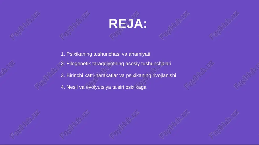 ixikaning filogenetik taraqqiyoti milliy va tibbiy evolyutsiya natijasida shakllangan, insonlarning tarixiy jarayonlarda psixikalarining rivojlanishiga turtki bo'ldi. nesil ta'siri psixikaning evolyutsiyada saqlangan xususiyatlarini avloddan-avlodga o'tishini ta'minlab, turli psixologik va ijtimoiy moslashuv imkoniyatlarini oshiradi. evolyutsiya asoratlari psixikaga ta'sir qilib, yangi ehtiyojlar va moslashish mexanizmlarini hosil qiladi, bu esa inson psixikasining rivojlanishini ta'minlaydi. nesil va evolyutsiya ta'siri psixikaga 01 baliq va amfibiy psixikaning filogenetik rivojlanishi uzoq tarixga ega bo’lib, imkoniyatlar va qobiliyatlarning evolyutsiyasi bilan bog’liqdir. bu jarayon tadqiqotlarda muhim ahamiyatga ega. 02 dastlabki baliq va amfibiyalar boshqalarga nisbatan o’ziga xos aqliy va his qilish qobiliyatlarini rivojlantirgan, bu ularning muhitga moslashuvini ta’minlaydi. bu rivojlanishlar orqali psixika shakllangan. 03 rivojlanish jarayoni uzoq vaqt davomida turli biologik va ekologik sharoitlarda boshlangan, natijada baliq va amfibiy psixika xususiyatlari shakllanib, taraqqiy etdi. baliq va amfibiy psixika tarixi qushlar va sutemizuvchilarning psixikasi evolyutsiyasi biologik va evolyutsion jarayonlarning natijasidir. ular turli rivojlanish bosqichlaridan o'tdi, muhim organlar shakllandi. filogenetik taraqqiyot psixikaning …