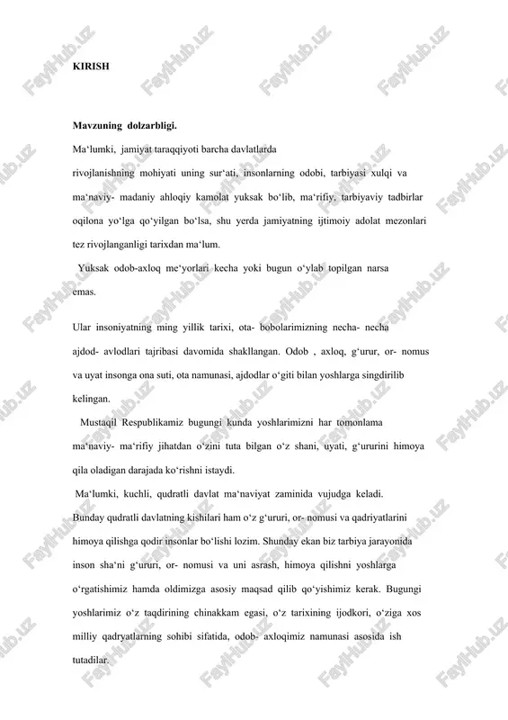 o‘z taqdirining chinakkam egasi, o‘z tarixining ijodkori, o‘ziga xos milliy qadryatlarning sohibi sifatida, odob- axloqimiz namunasi asosida ish tutadilar. shu bois xalqimiz o‘zligini anglab, mustaqillik poydevorini tobora mustahkamlab bormoqda. o‘z navbatida ma‘naviy- axloqiy yuksalish, bilan birga bir qancha o‘z yechimini kutib turgan muammolar mavjud. har – bir davlatning istiqboli, xalqning farovonligi osoyishta bo‘lishini yosh avlod, umidli o‘g‘il- qizlariga bog‘liq, chunki ertangi kun ularning qo‘lida. shuning uchun ham prezident i. a. karimov o‘zbekiston kelajagi buyuk davlat deganlarida, avvalombor e‘tiborni yoshlarga qaratib, farzandlarimiz bizlardan ko‘ra, baxtli, 4 kuchli, aql- zakovatli or- nomusli va g‘ururli bo‘lishini qayta- qayta ta‘kidlab o‘tadilar. bugungi yoshlarimizga yevropa madaniyatiga taqlid qilish odatlari kam bo‘lsada uchrab turadi. bunday hollarni bartaraf etish uchun har- bir yosh avlod o‘z eliga, xalqiga, yurtiga nisbatan kuchli g‘urur, or- nomusli qilib shakllantirishi maqsadga muvofiq. bu borada yoshlarimiz ko‘proq g‘urur, or- nomus, uyat, his- tuyg‘u haqida o‘zlariga kerakli o‘gitlarni o‘rganish lozim. shu bois xalqimiz o`zligini …