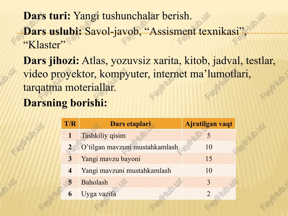 tilgan muhim shakliga ………… deyiladi . amaliy topshiriq: o’zbekiston o’zidan g’arbiy qismida joylahgan qaysi davlatlar bilan bir kenglikda joylashgan? “assisment texnikasi” 1-variant “assisment texnikasi” 2-variant test: (1ball) o’zbekistonning yirik sanoati tarmoqlari qaysi viloyatda joylashgan ? c) tohkentda savol: (1ball) o’zbekiston milliy iqtisodiyotining tuzulishi nechta tamoyildan iborat ? javob: 5 ta tamoyil geografik diktant: (1ball) ishlab chiqarishning yirik korxonalarda to’planishi markazlashuvi deyiladi. javob: (2ball) o’zbekiston, qozog’iton, turkmaniston, tojikiston, qirg’iziston test: (1ball) milliy iqtisodiyot nechta sohaga bo’linadi ? moddiy nematlar ihlab chiqaradigan va ihlab chiqarmaydigan. savol: (1ball) o’zbekistonda yoz necha oy davom etadi? javob: 5 oy. may, iyun, iyul, avgust, sentyabr geografik diktant: (1ball) ishlab chiqarishni tahkil etishning iqtisodiy samaradorlikka qaratilgan muhim shakliga majmua deyiladi. javob: (2ball) tursiya, gresiya, italiya, ispaniya iii. yangi mavzu bayoni: intenet yangiliklari: uzbekiston sanoatining bugungi kundagi ravnaki uchun aksh sarmoyasini kiritilishi katta axamiyatga ega bulmokda.masalan: aksh dagi xorijiy xususiy samoyalar korporatsiyasi opek ajratgan 400 million aksh dollari …